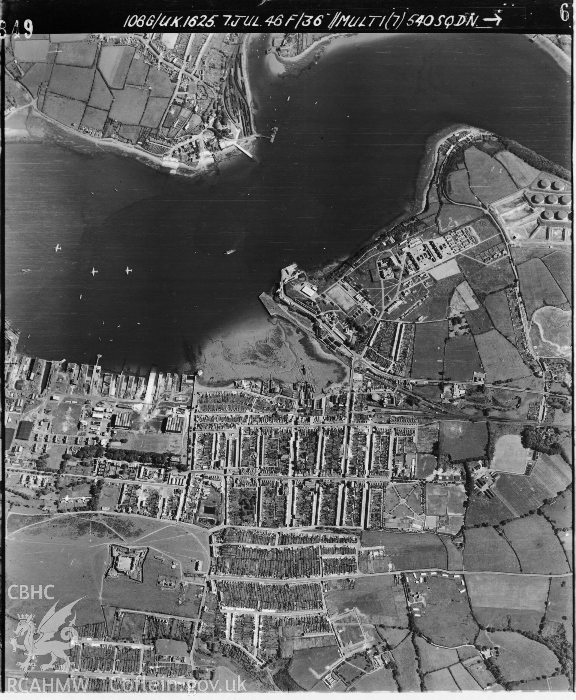 Black and white vertical aerial photograph taken by the RAF on 07/07/1946 centred on SM96670372 at a scale of 1:10000. The photograph includes part of Pembroke Dock community in Pembrokeshire.