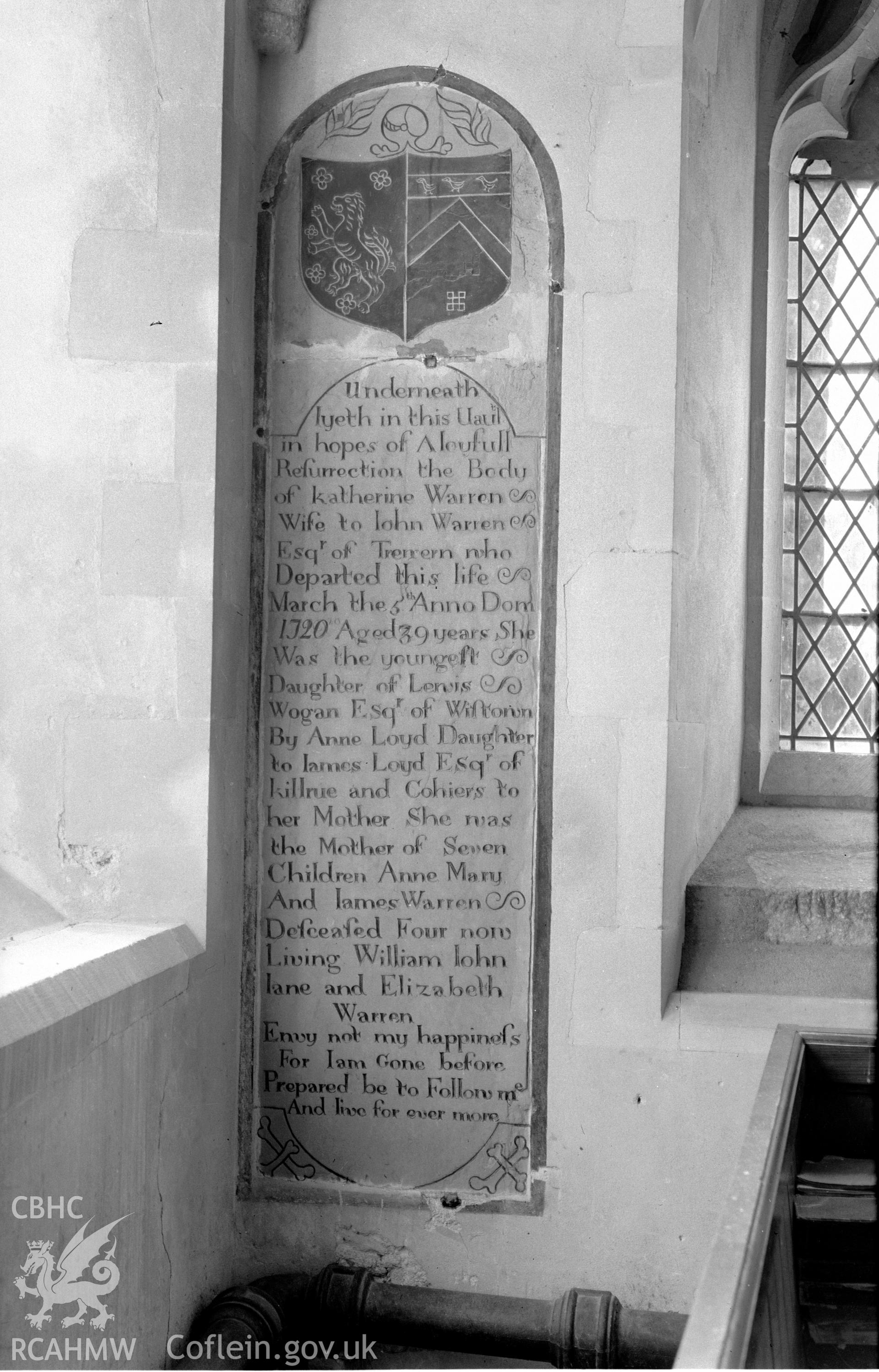 View of memorial to Katherine Warren in Nevern Church taken in 12.09.1941.