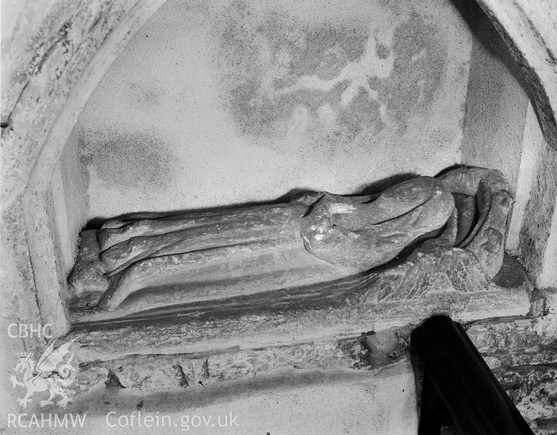 View of child effigy in the south side of the chancel at Carew Church  taken in 06.08.1941.