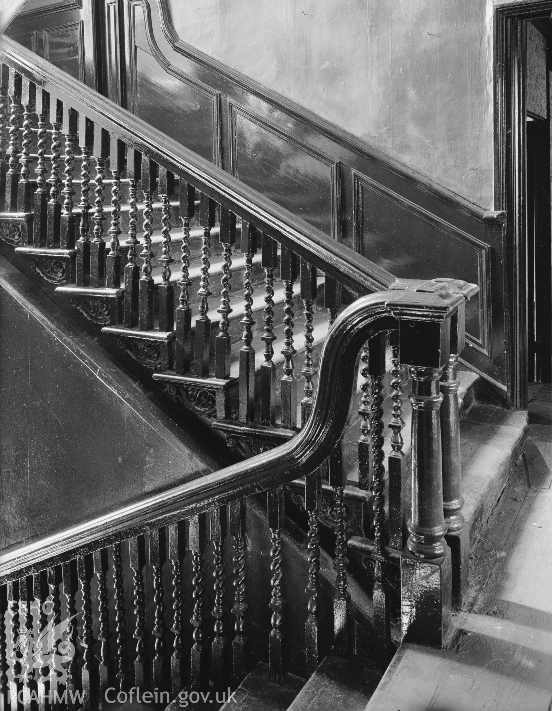 Interior view showing staircase from the first floor of Rhyd y Gors House.