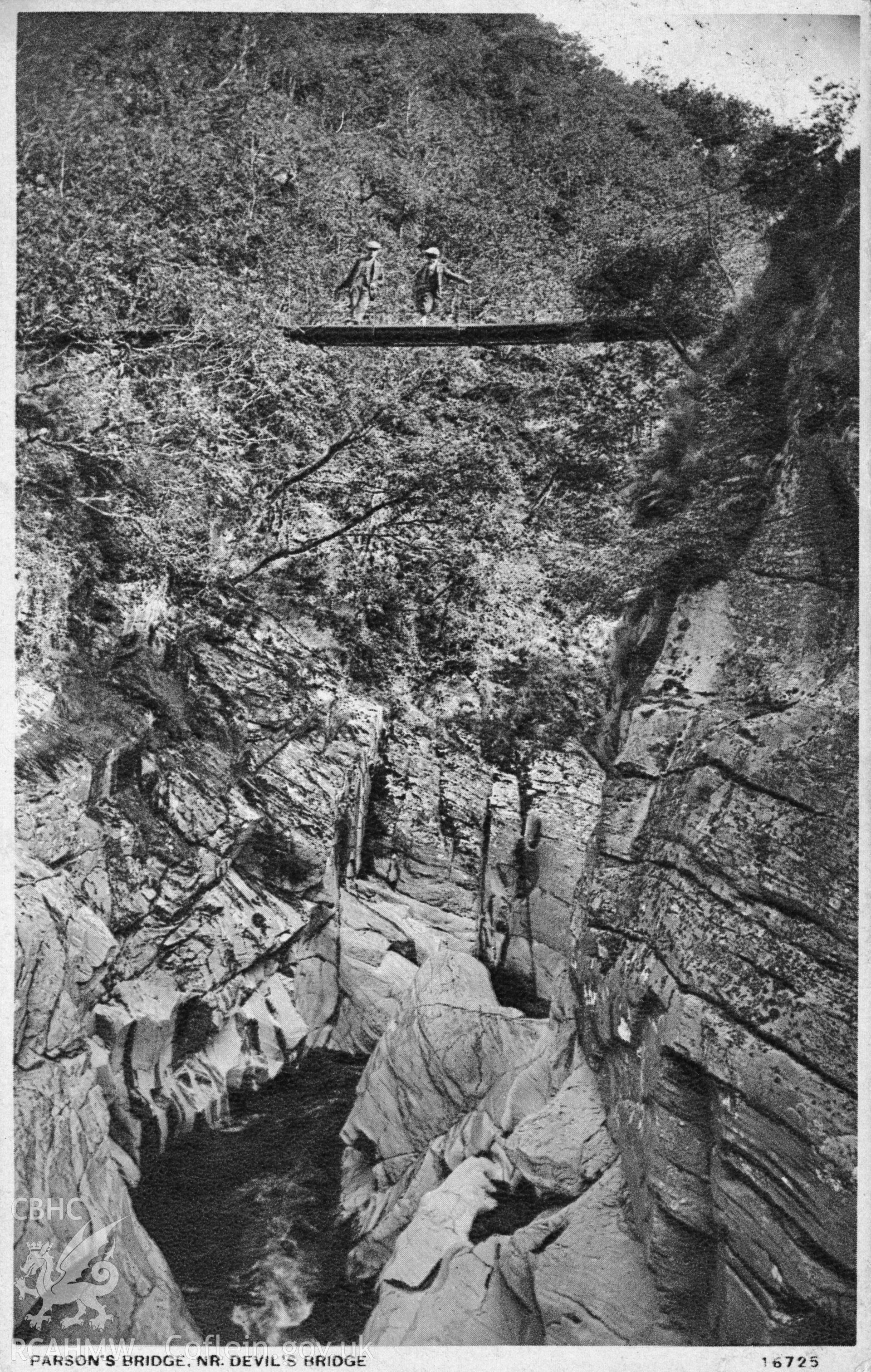 Digital copy of postcard showing the Parson's Bridge, Ysbyty Cynfyn, dated 1939.  Loaned for copying by Charlie Downes.