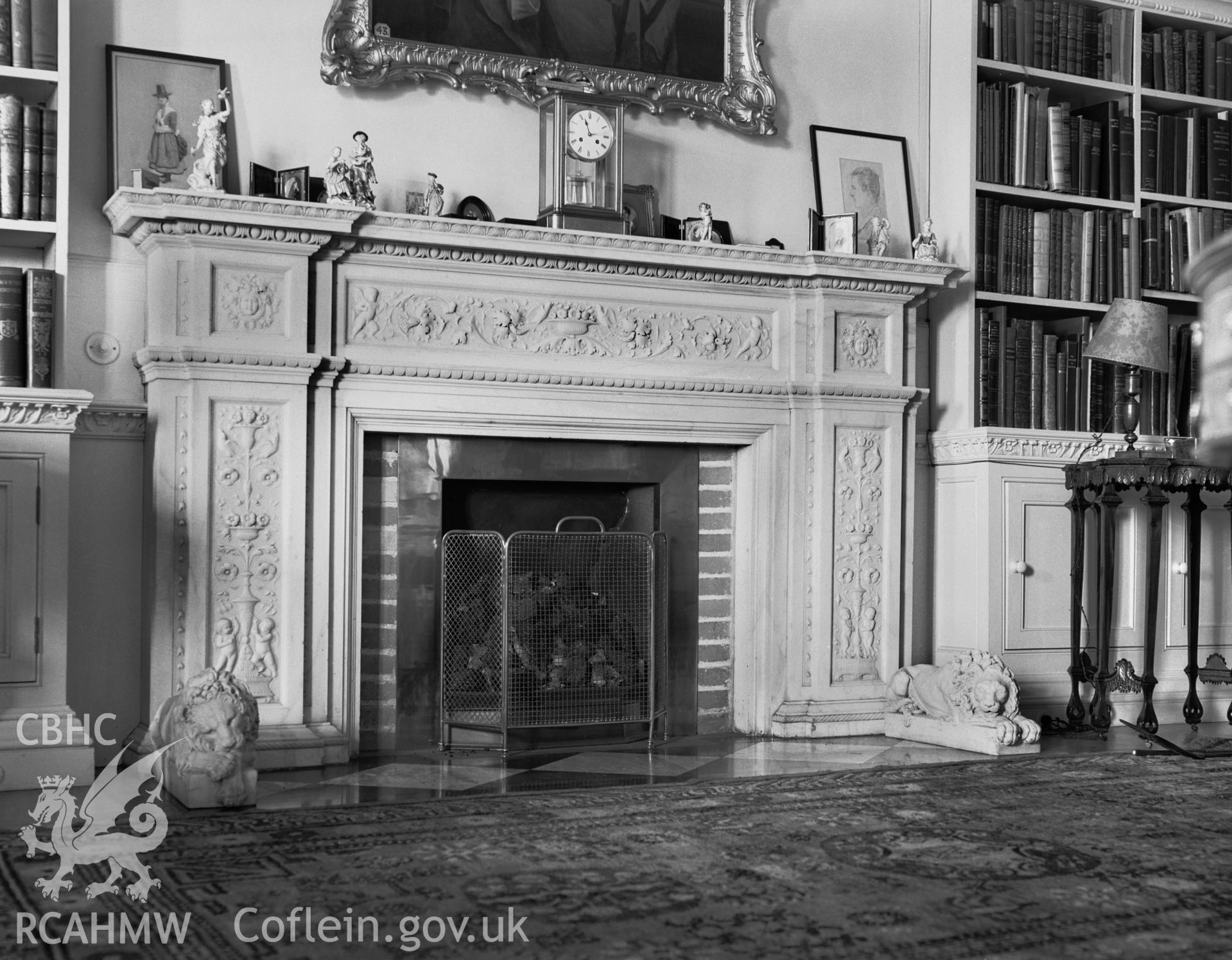 Interior view showing fireplace in library