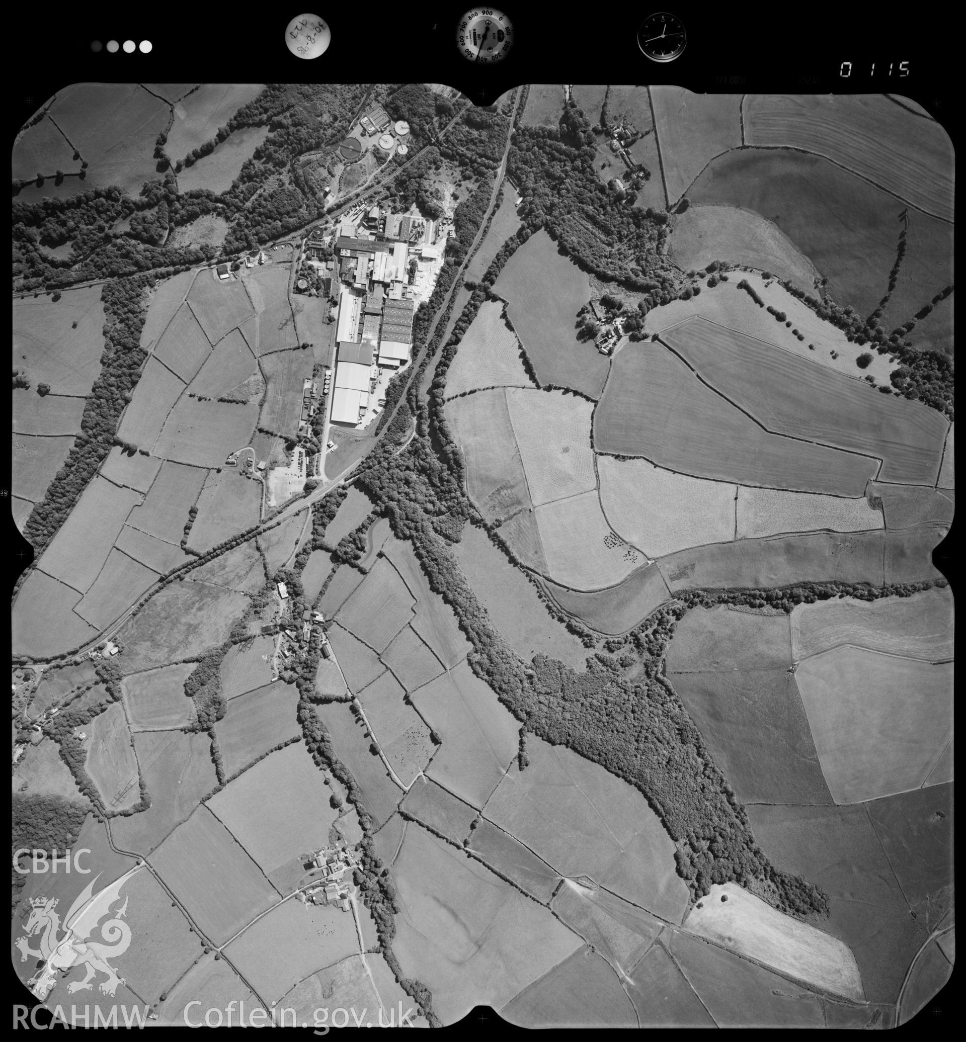 Digitized copy of an aerial photograph showing Bridgend Paper Mill, taken by Ordnance Survey, 1998.