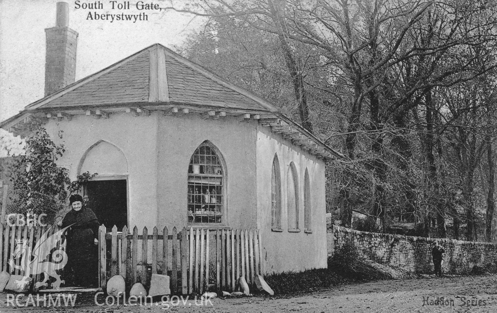 Digital copy of postcard showing South Toll Gate, Aberystwyth, dated c. 1930s (Publisher: William Haddon, Tipton).  Loaned for copying by Charlie Downes.
