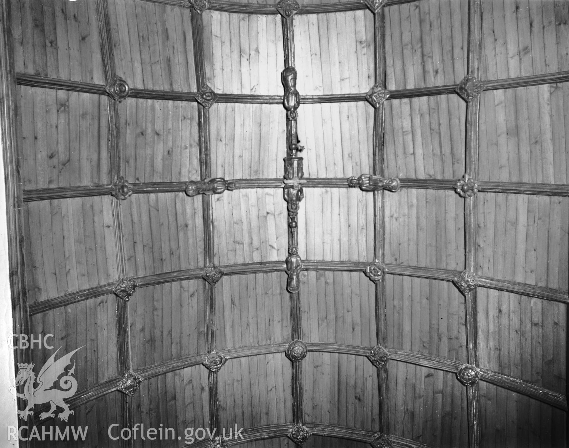 Interior view showing the nave roof  in St Marys Church, Tenby in 08.19.1941.
