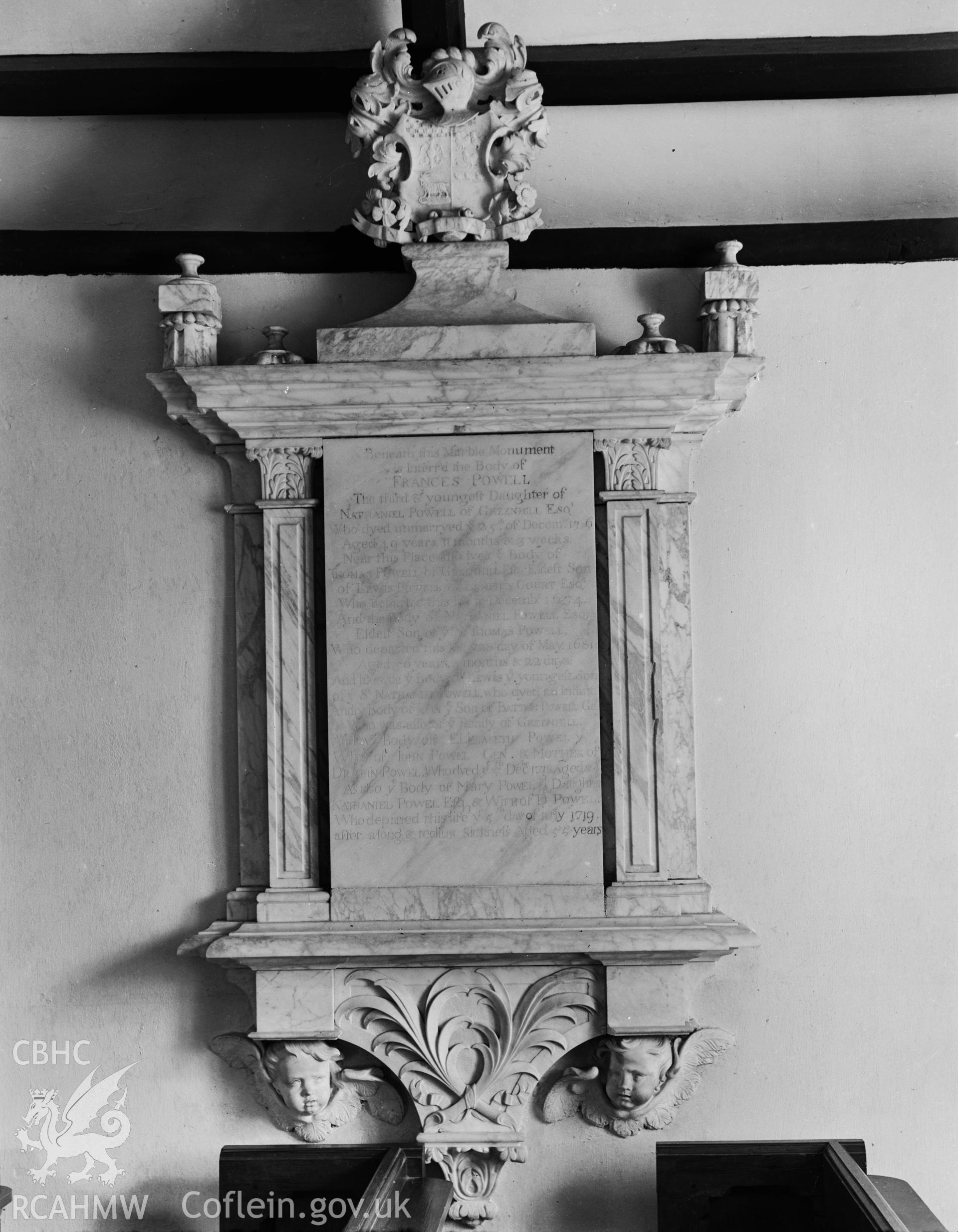 View of memorial to Francis Powell in Pwllcrochan Church taken in 05.09.1941.