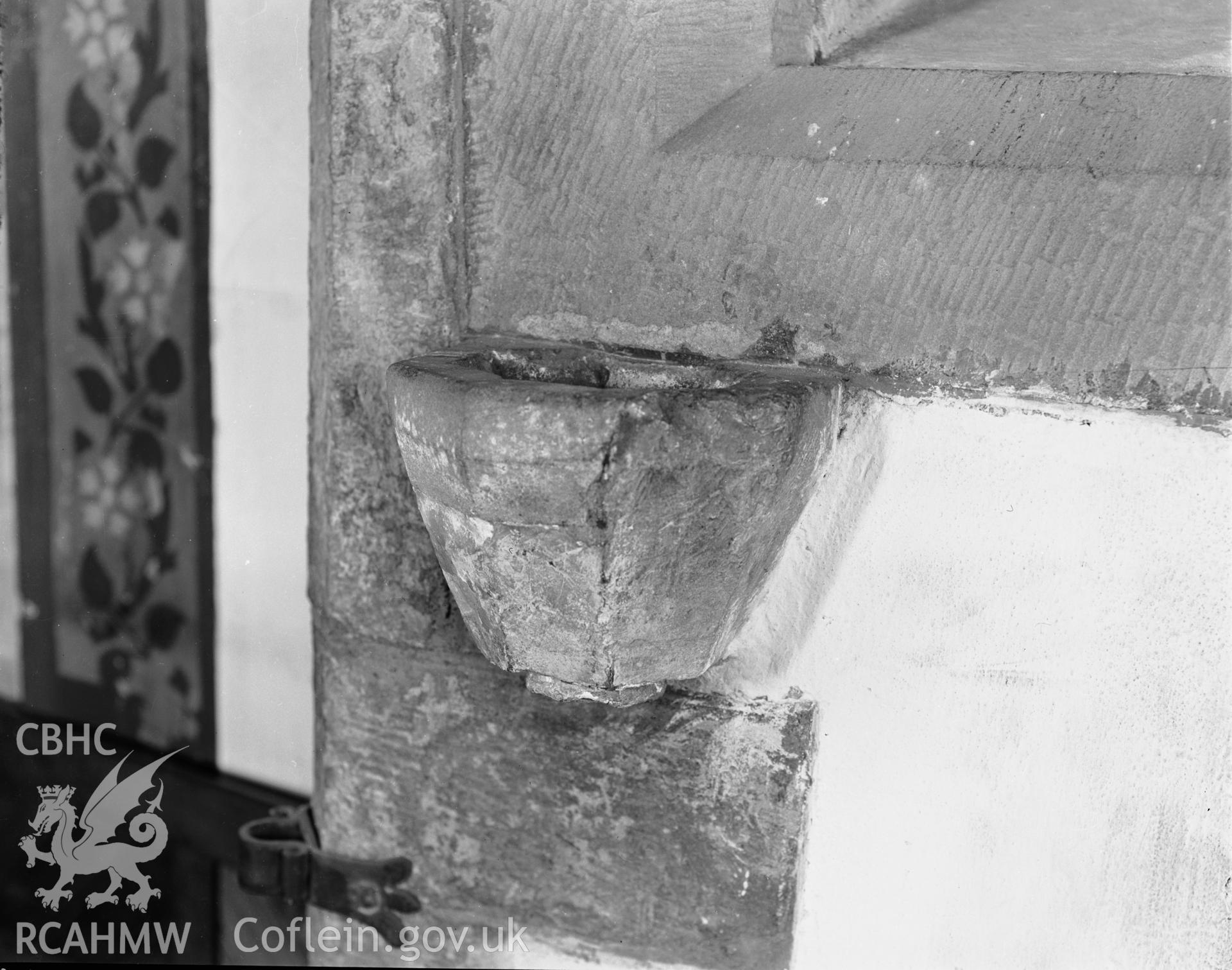 Detailed view of stoup, south jamb of the chancel arch at St Martins Church, Haverfordwest taken in 09.08.1941.