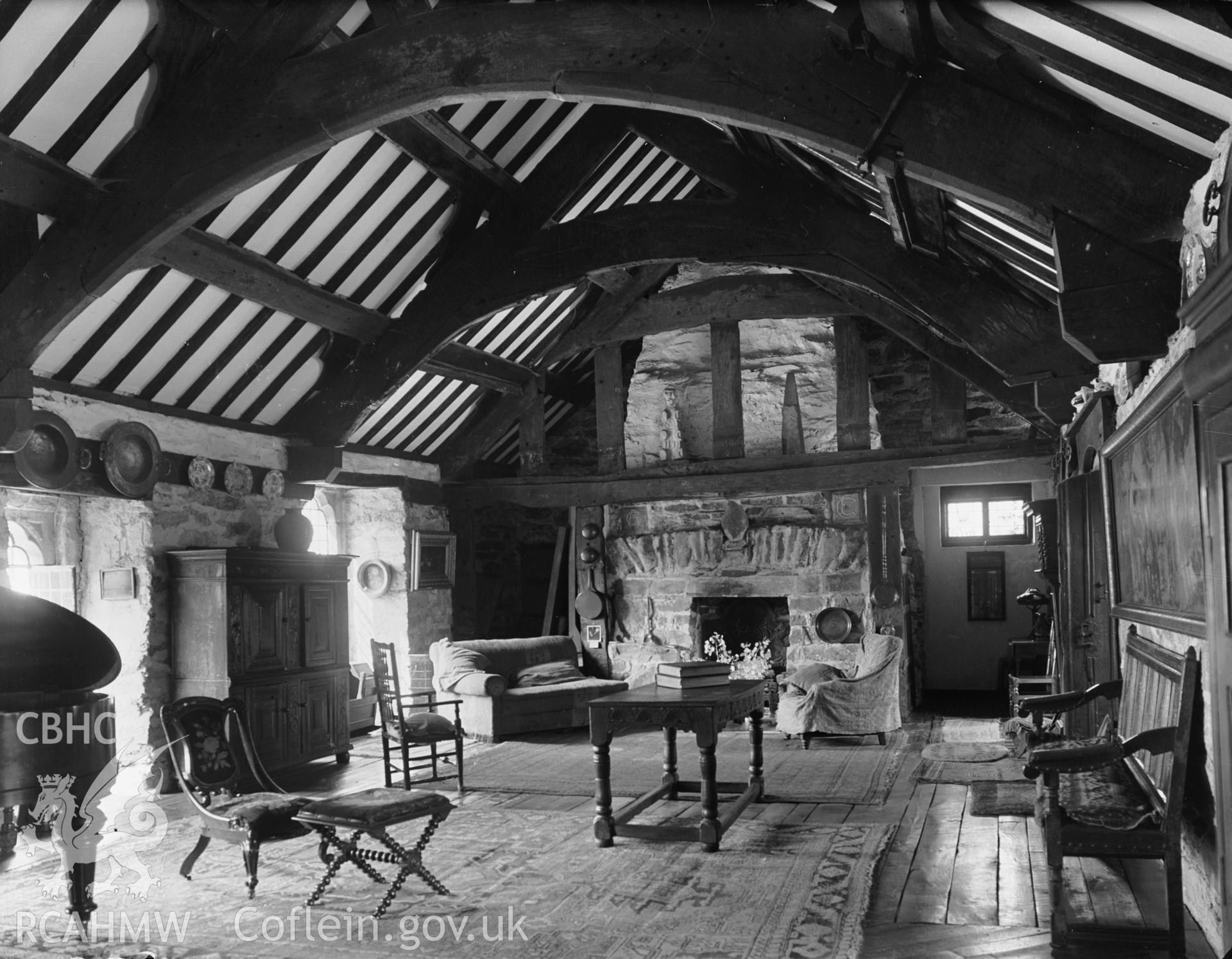 Interior view showing first floor room in the centre of the west elevation, looking north-west and showing the original roof.