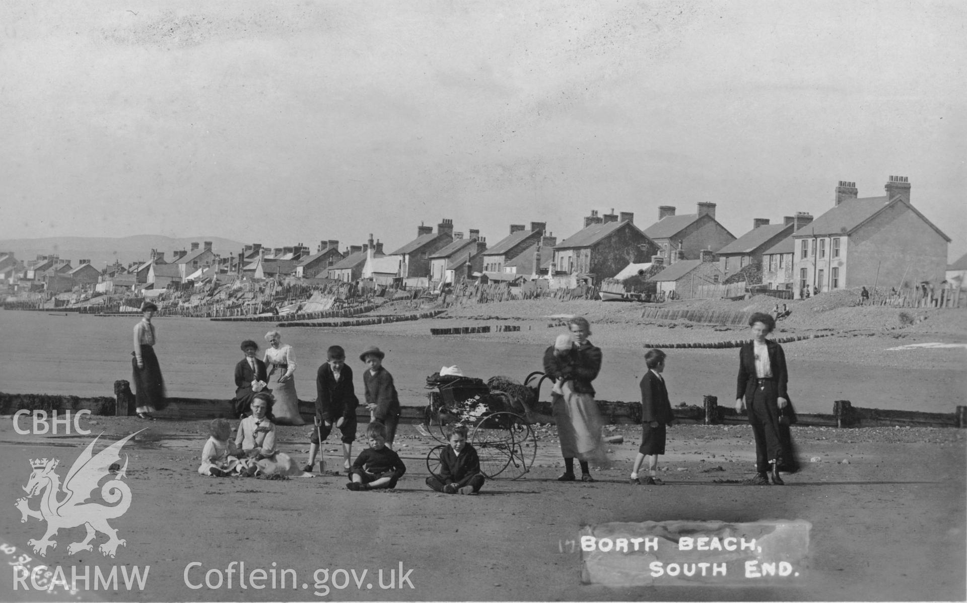 Digital copy of postcard showing Borth Beach, South End, dated 1915 (Publisher: W. J. Lewis, Borth).  Loaned for copying by Charlie Downes.
