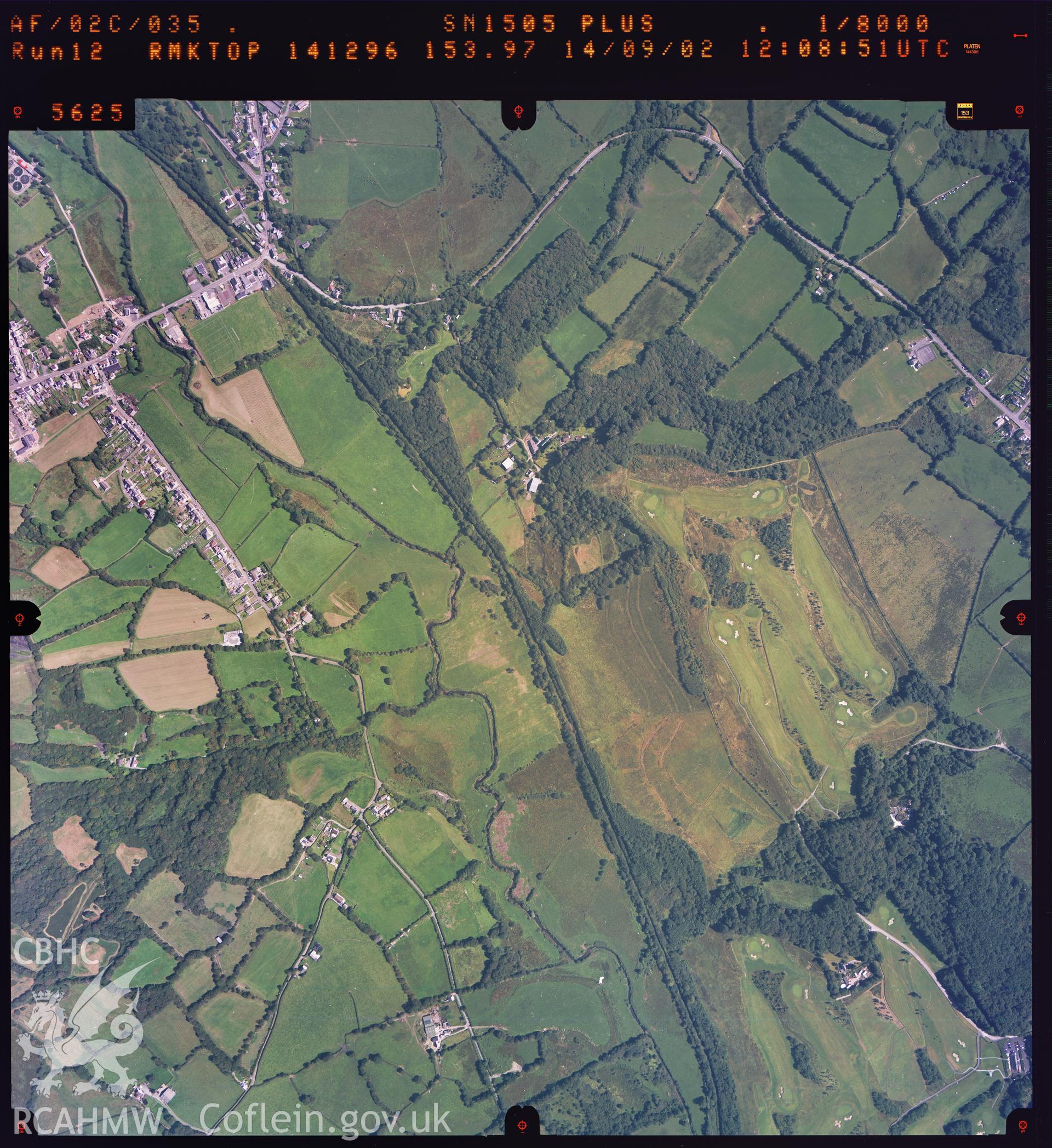 Digitized copy of a colour aerial photograph showing the Pontyates area, taken by Ordnance Survey, 2002.