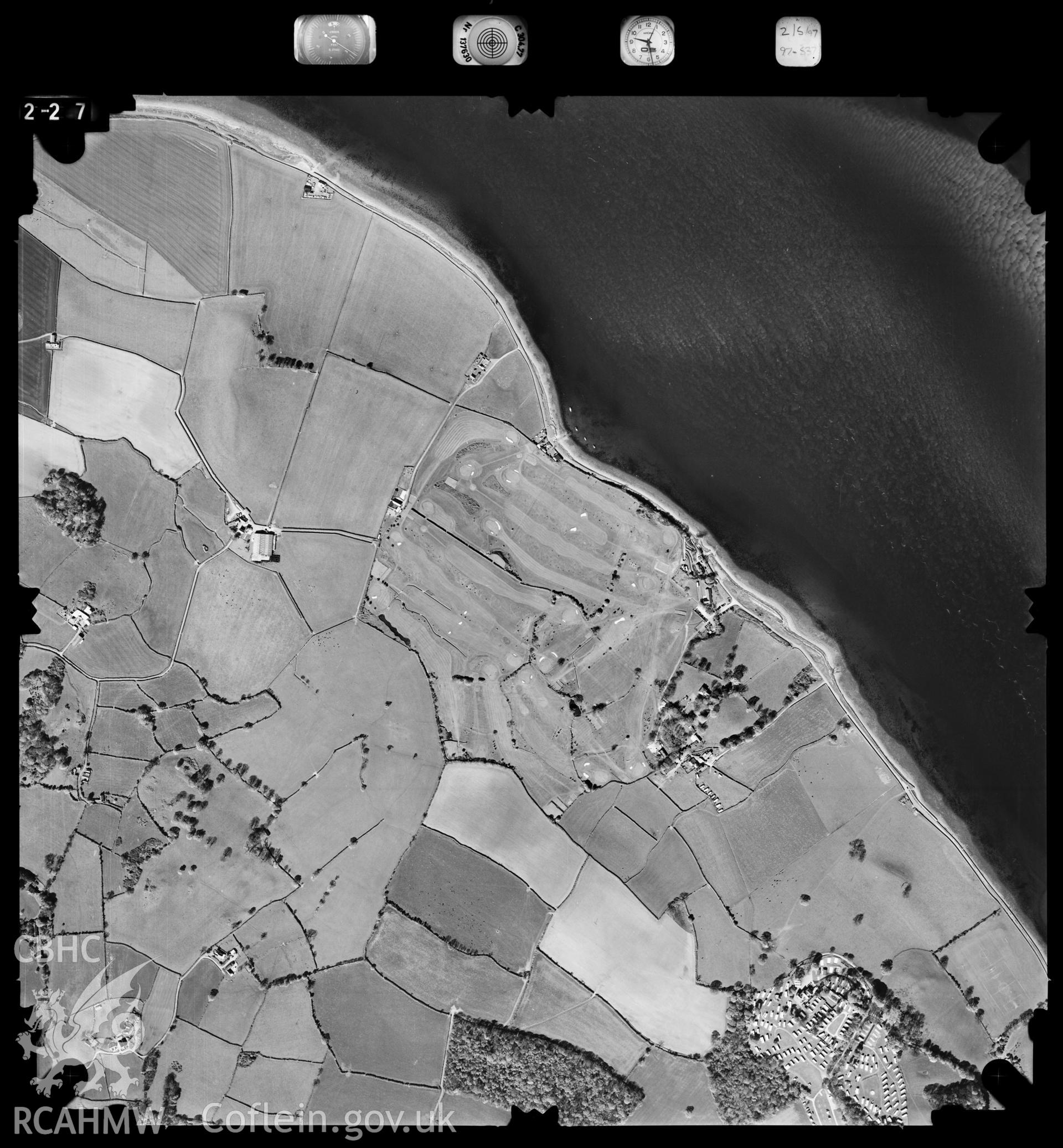 Digitized copy of an aerial photograph showing the Menai straits area, taken by Ordnance Survey, 1997.