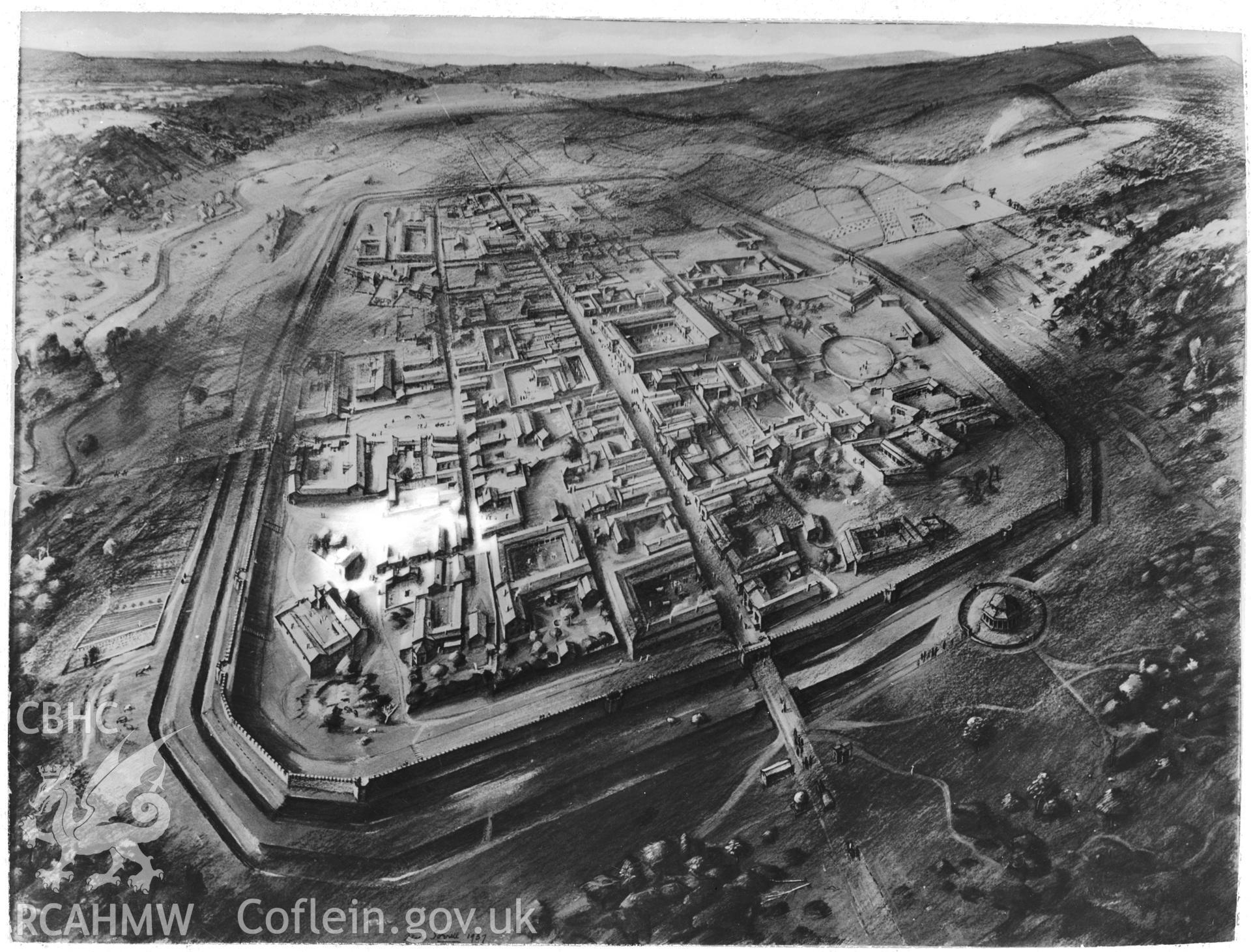 Photographic copy of a reconstruction drawing of Caerwent Roman City.