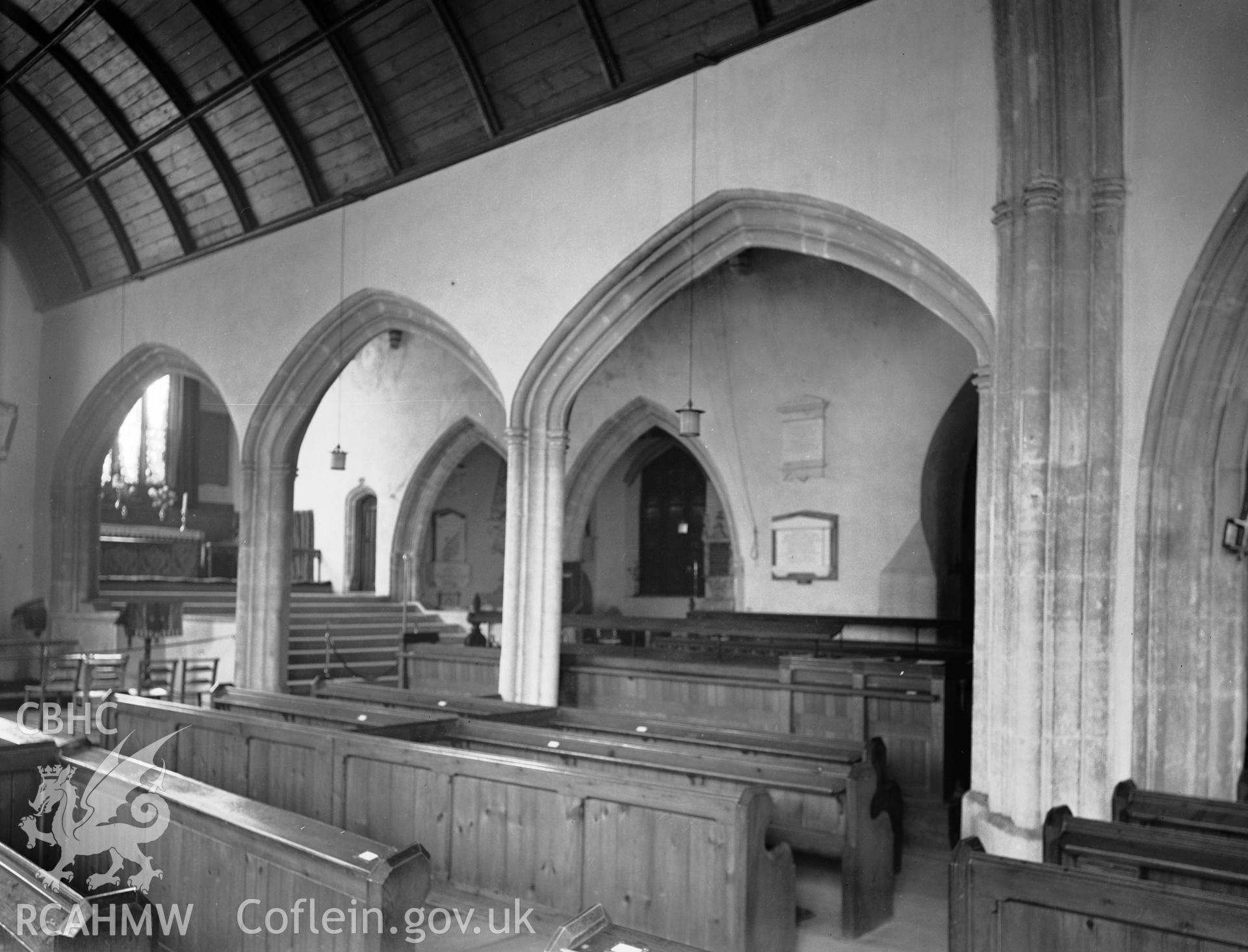 Interior view showing the north arcade from the north aisle in St Marys Church, Tenby in 08.19.1941.