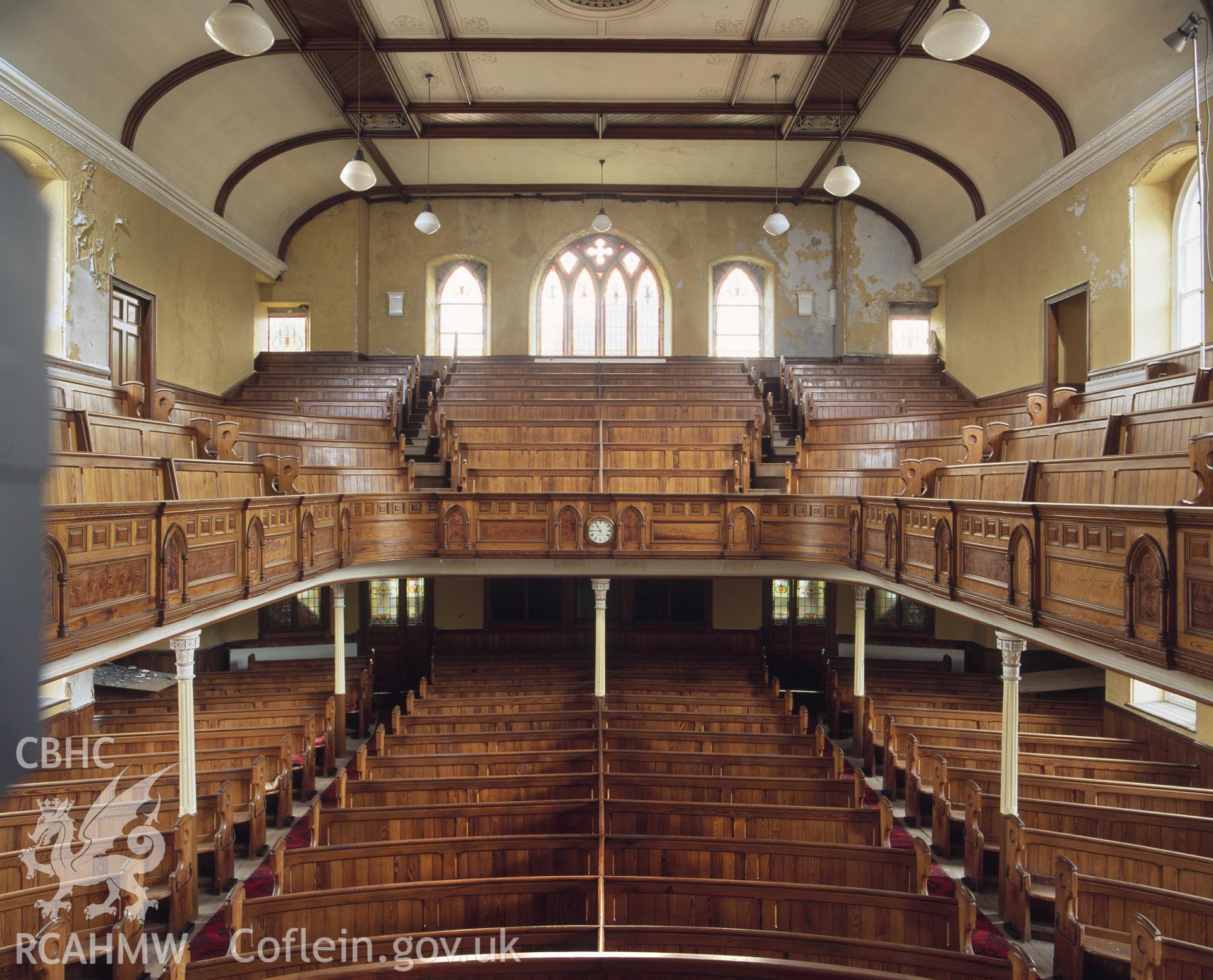 RCAHMW colour transparency showing interior view of Bryn Seion Chapel, Glanamman.