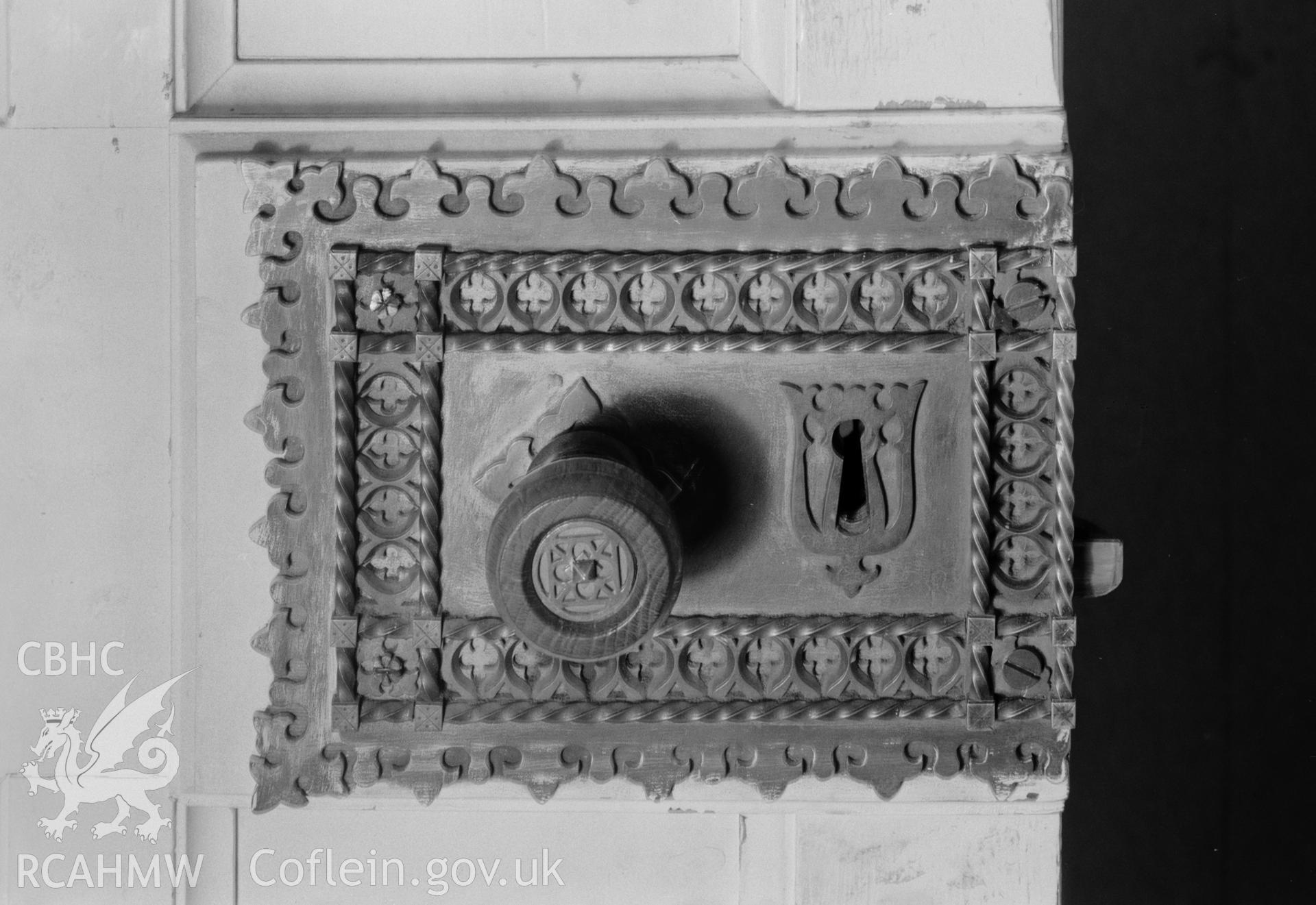 The lock on the drawing room door at Treberfedd House.