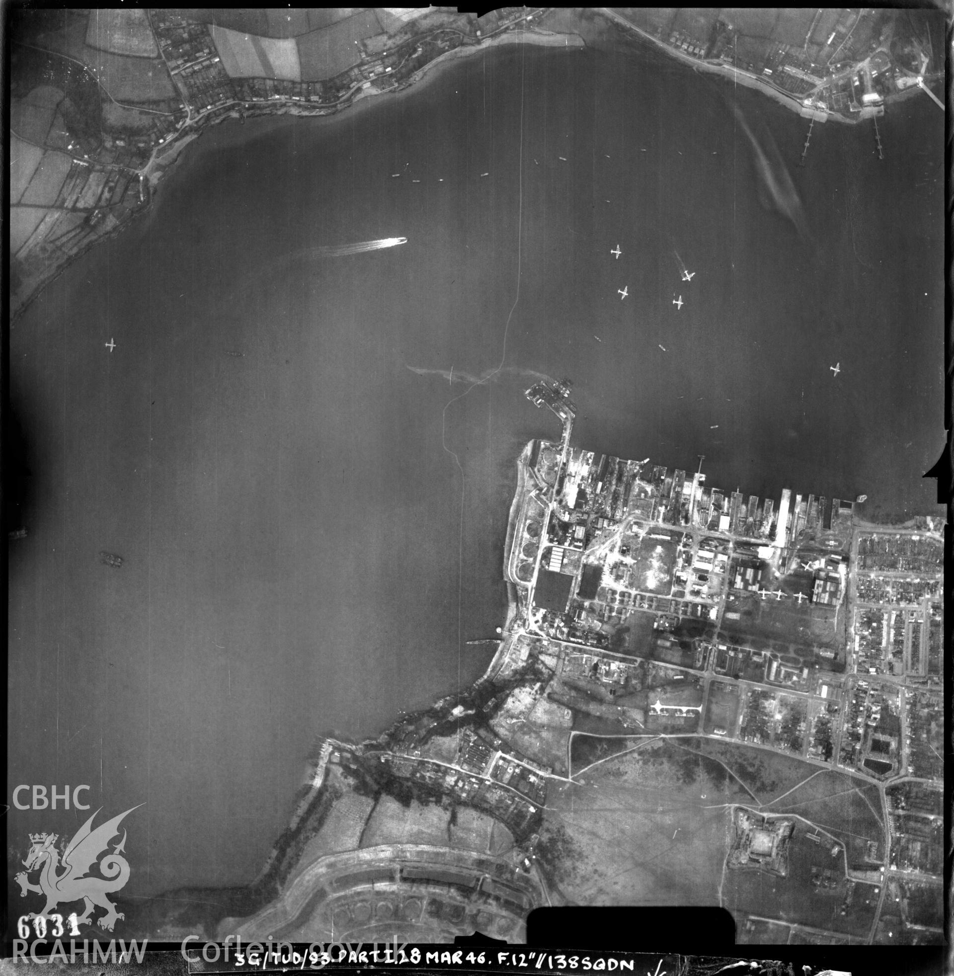 Black and white vertical aerial photograph taken by the RAF on 28/03/1946 centred on SM96230399 at a scale of 1:10000. The photograph includes part of Pembroke Dock community in Pembrokeshire.