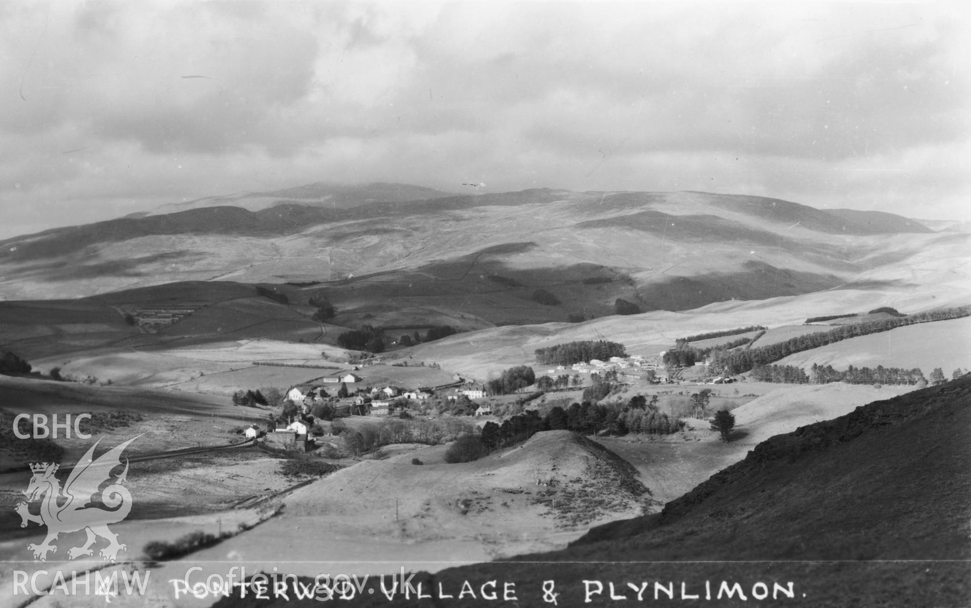 Digital copy of postcard showing 'Ponterwyd Village & Plynlimon', dated early 20th century.  Loaned for copying by Charlie Downes.