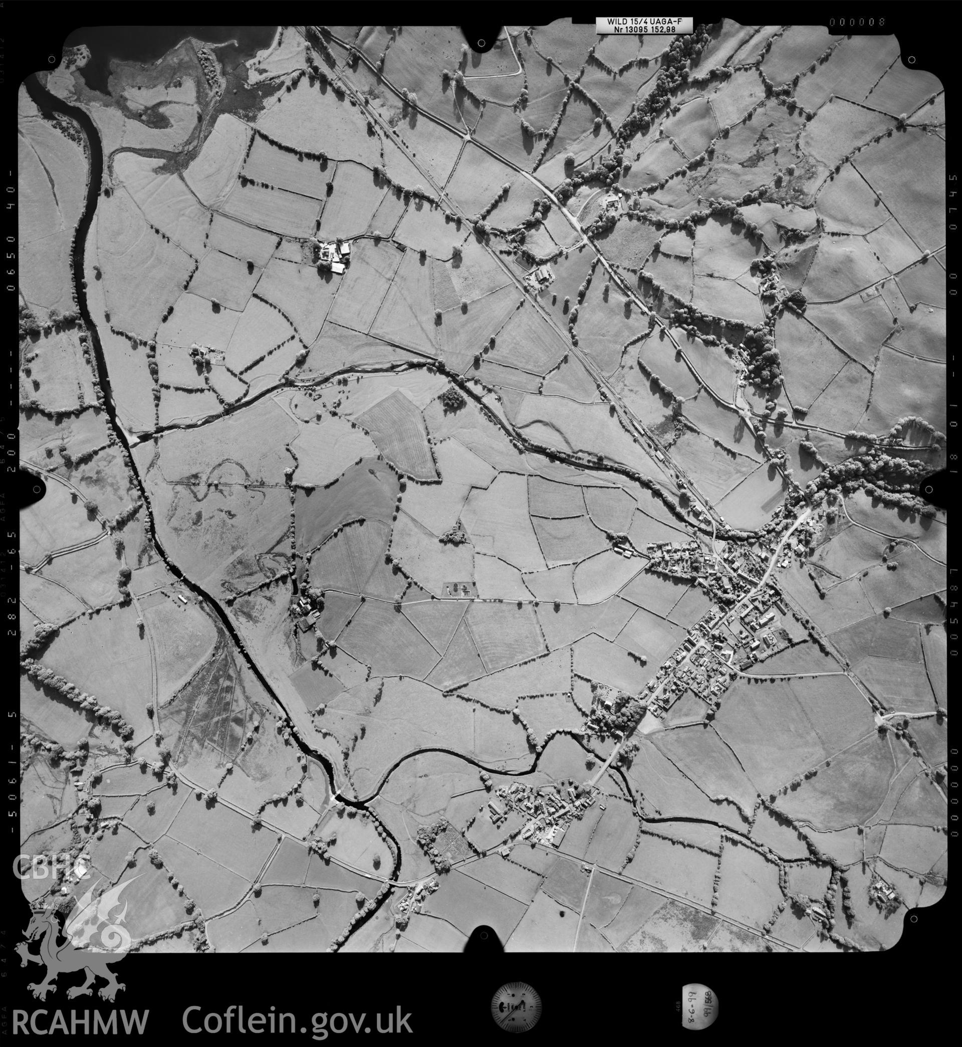 Digitized copy of an aerial photograph showing Llanuwchllyn, taken by Ordnance Survey, 1999.