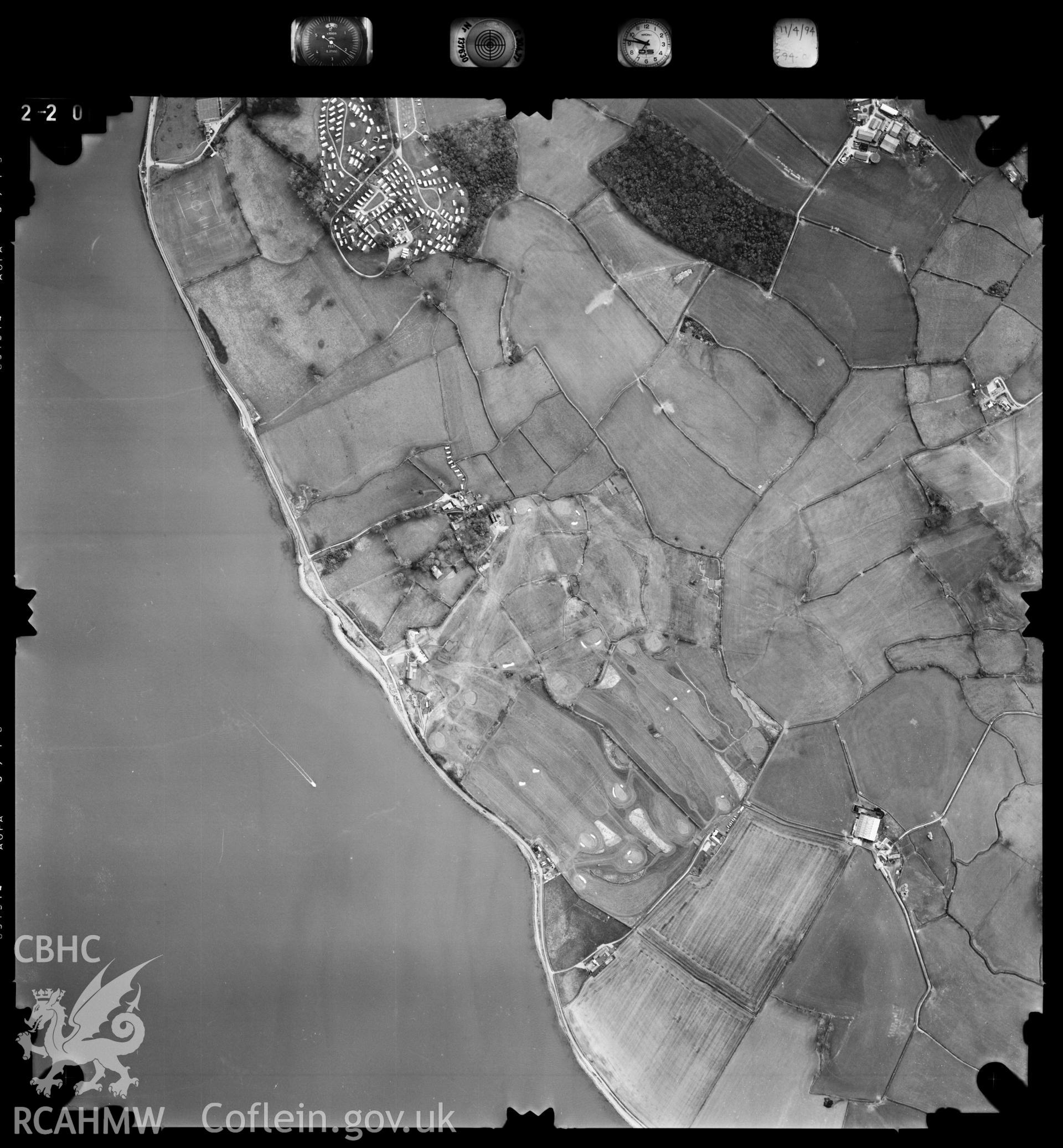Digitized copy of an aerial photograph showing the Menai Straits area, taken by Ordnance Survey, 1994.