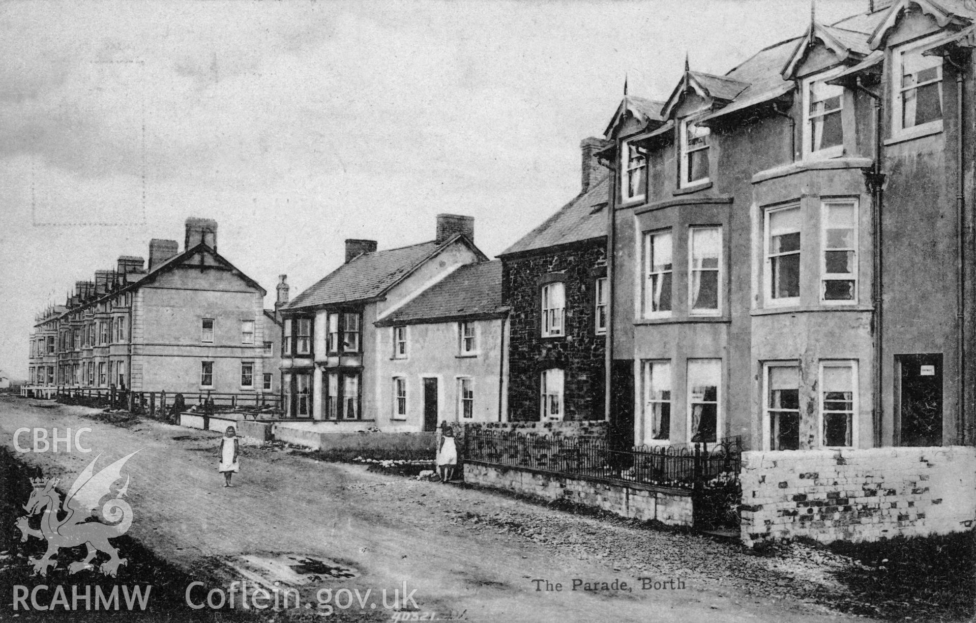 Digital copy of postcard showing The Parade, Borth, dated 1904.  Loaned for copying by Charlie Downes.