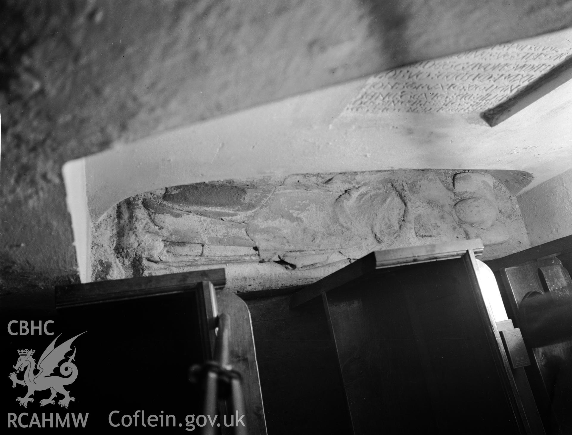 View of effigy in south wall of the nave in Pwllcrochan Church taken in 05.09.1941.