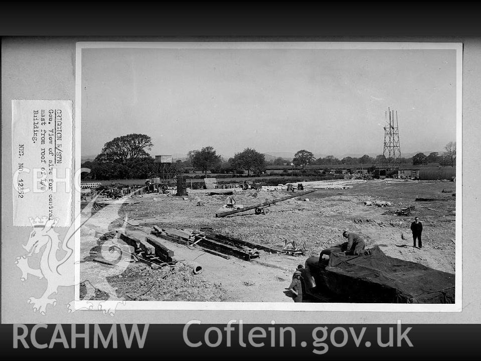 Black and white digital photograph showing a general view of the site for the central mast, taken from the roof of the long wave building.