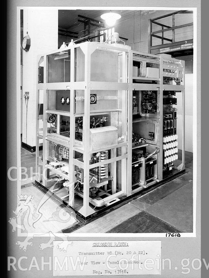 Black and white digital photograph showing a rear  view of transmitter W8 (numbers 20 and 22), with the panels removed.