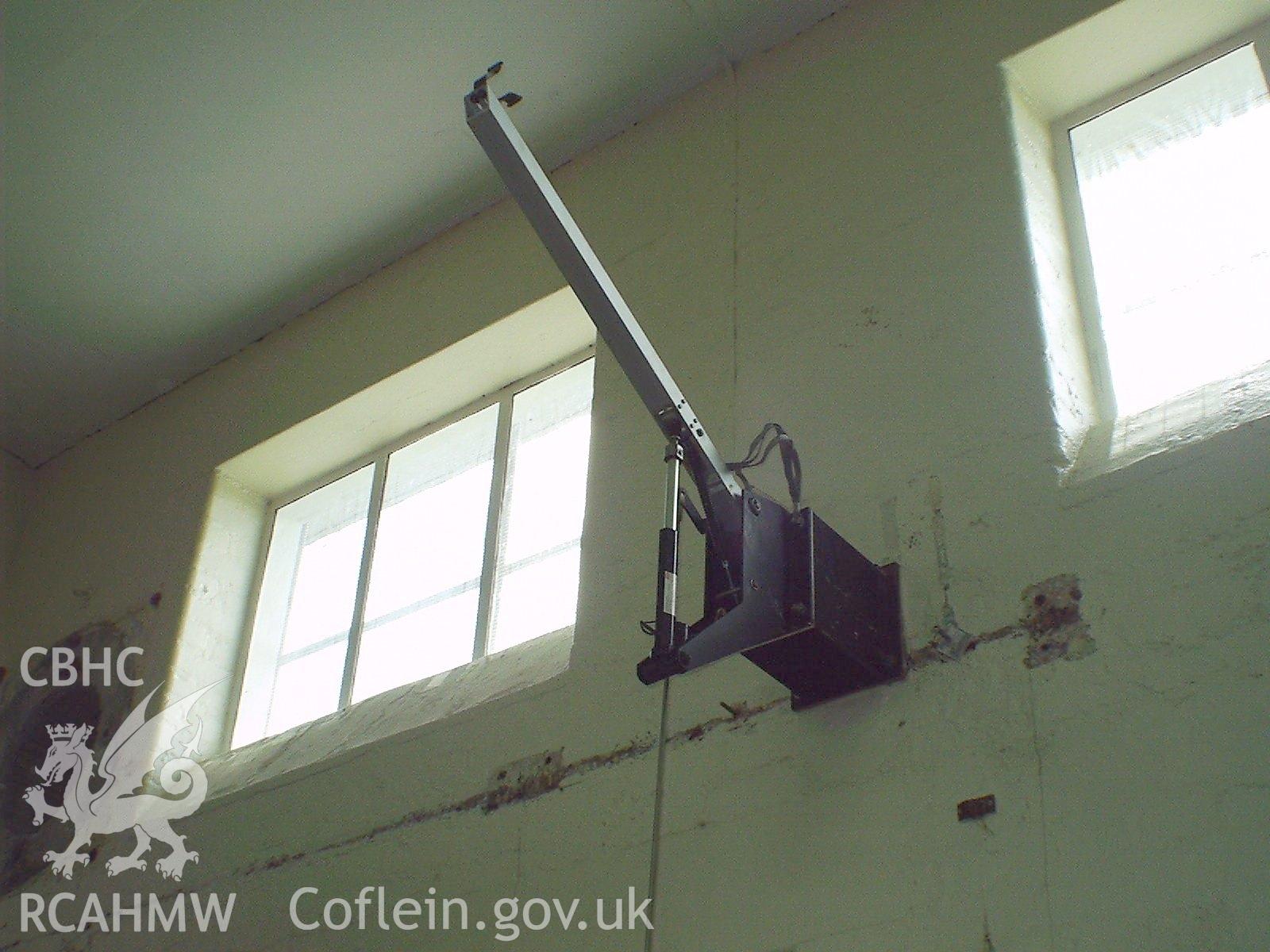 Colour digital photograph showing an earthing arm in the Medium Wave building.