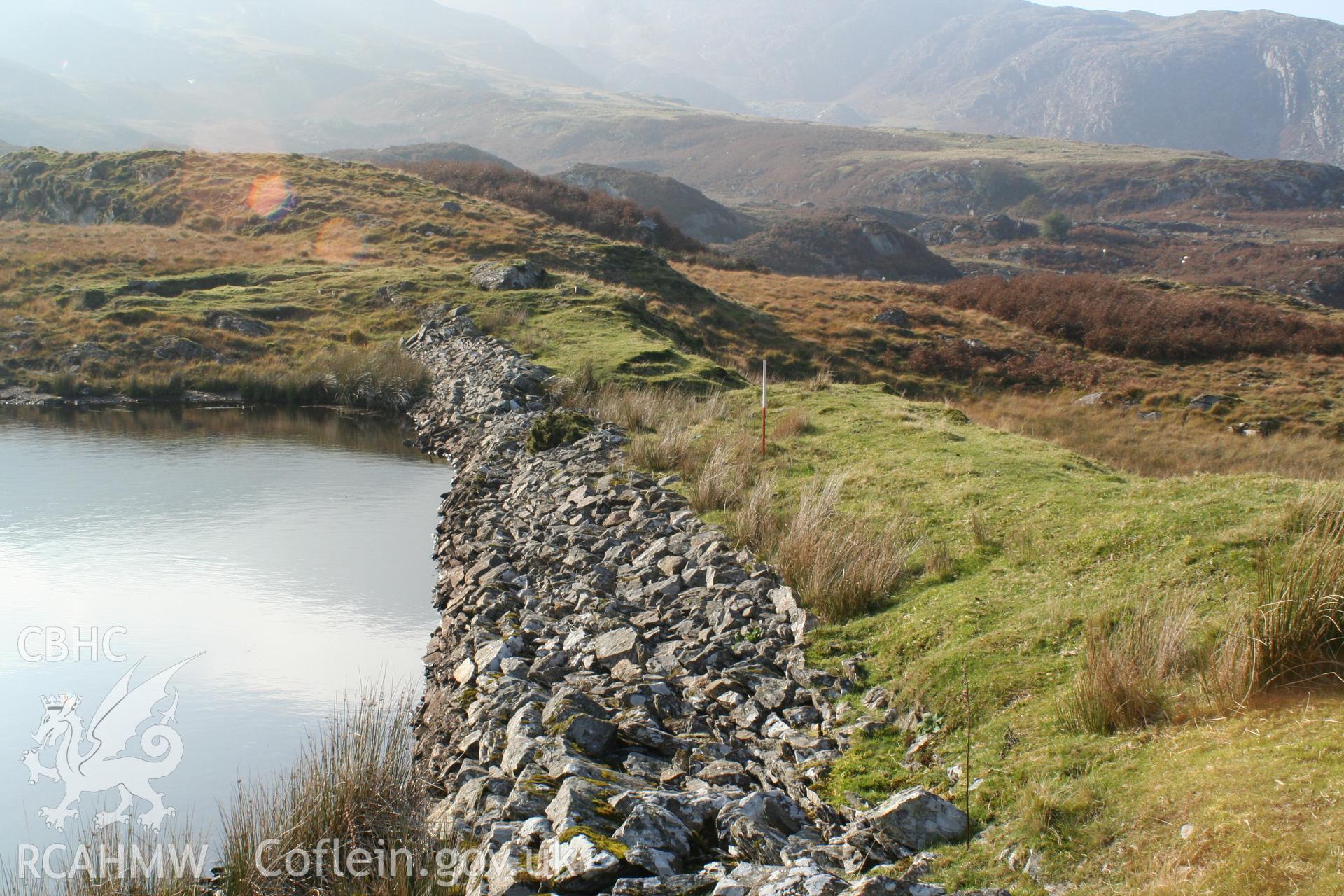 Dam wall of Llyn Newydd Reservoir, Cefn-glas, looking northwest