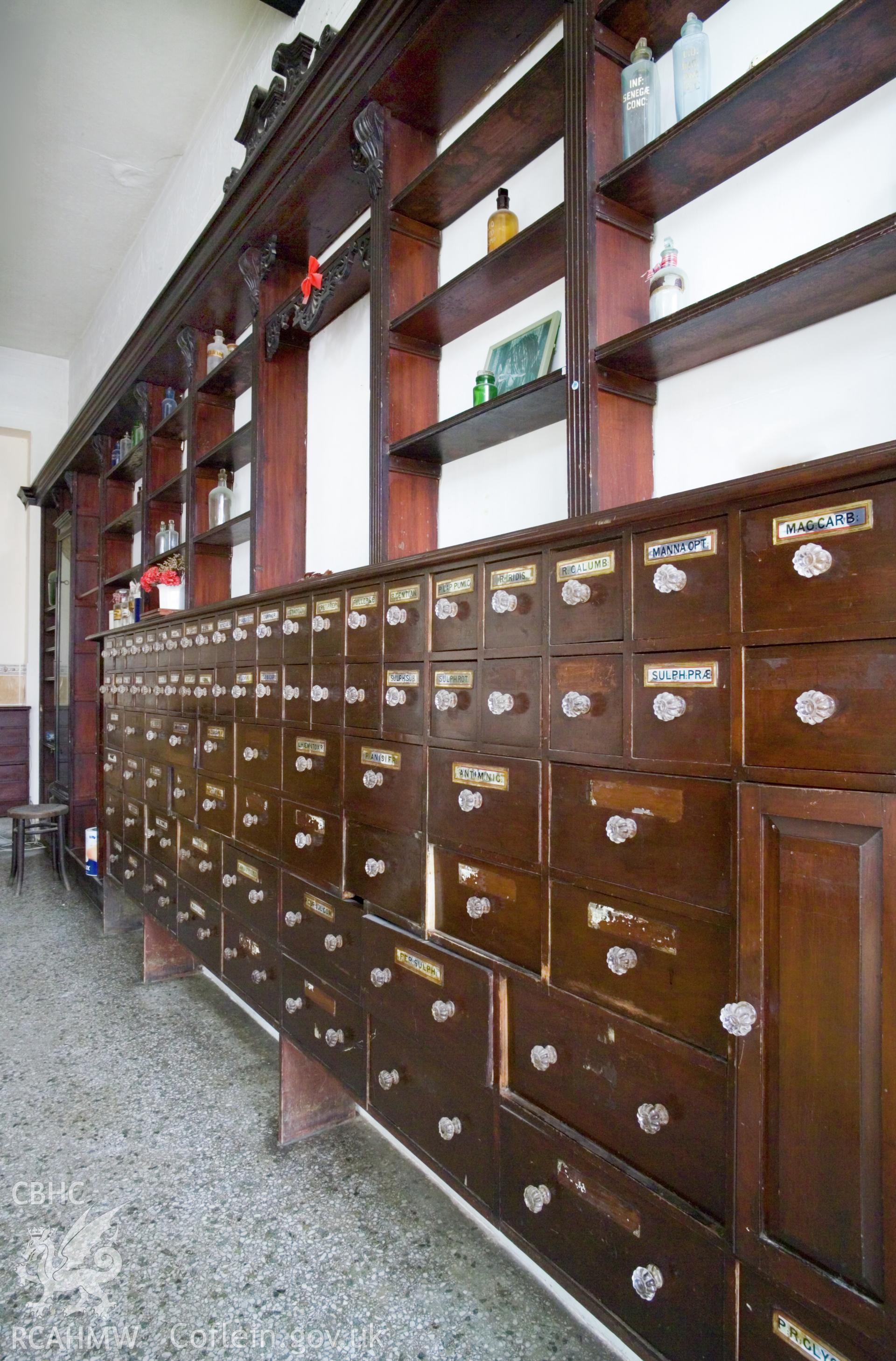 Oblique view interior medicine storage display.