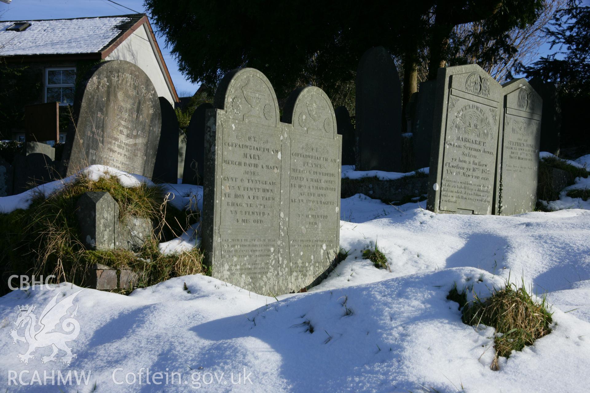 Salem Chapel, general view of gravestones in south-east part of cemetery, with snow.