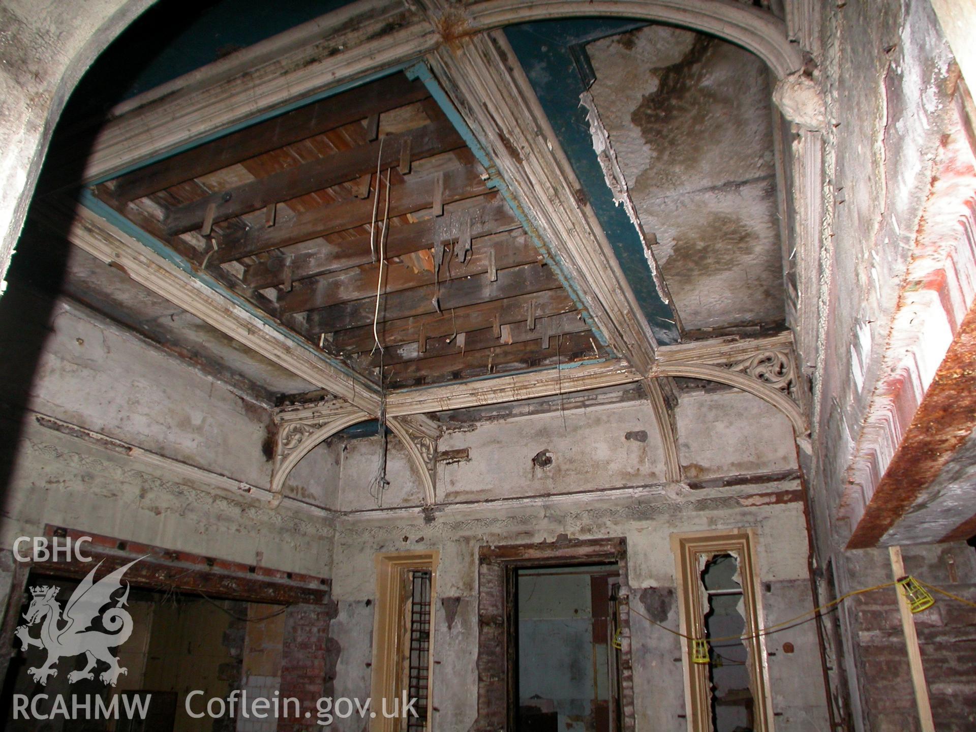Ceiling of ground floor hall of Malpas Court, looking north.