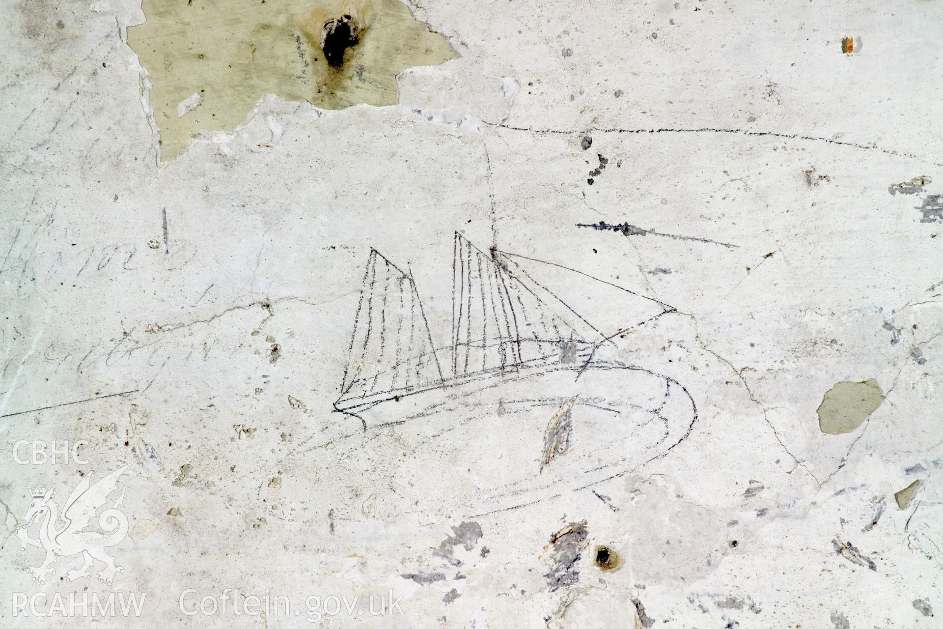 South wall, centre panel. Detail of graffitti.