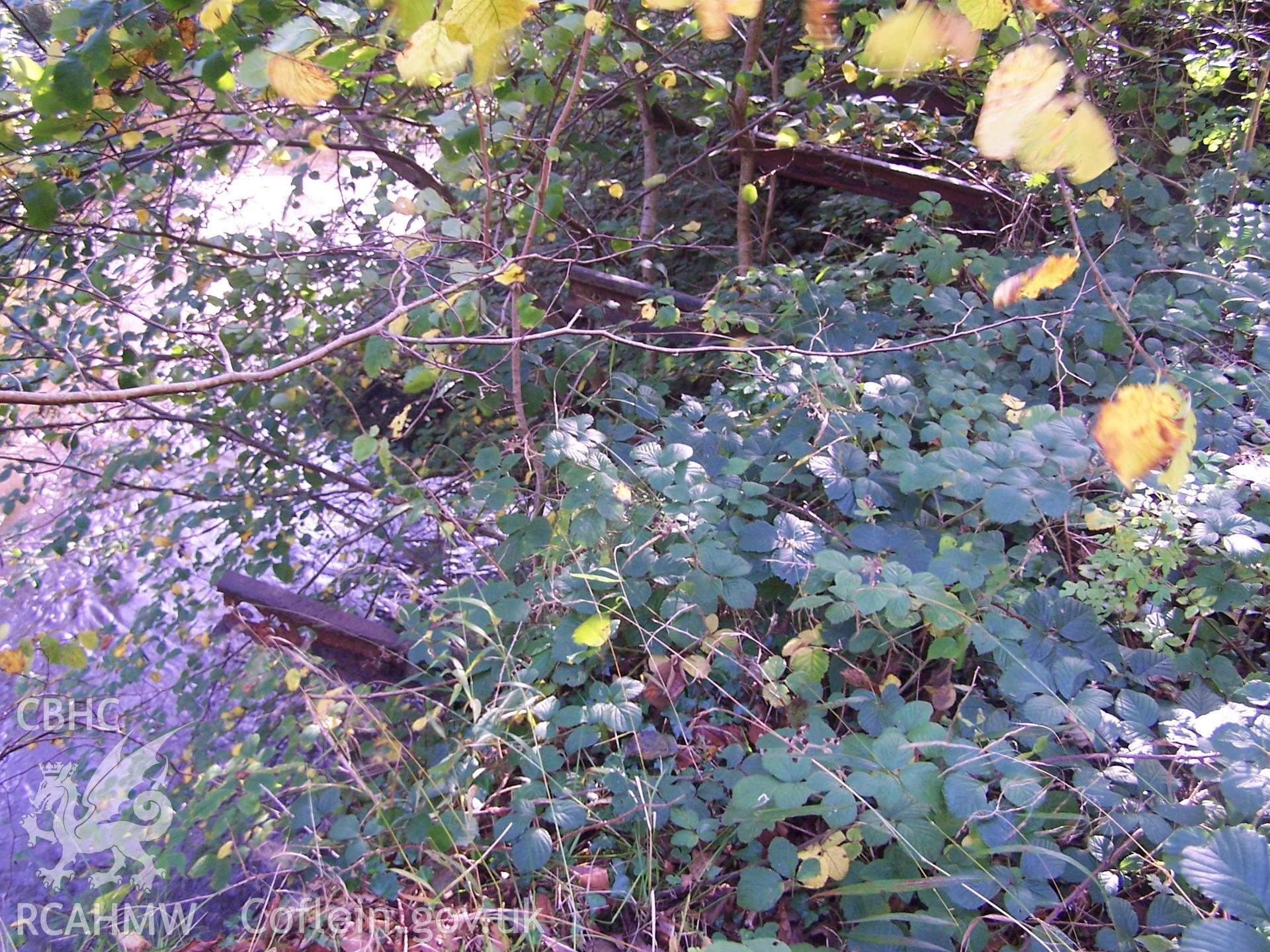 Flat-bottom rails reinforcing the bank, tramway formation (NPRN:405055) at SN92060854.