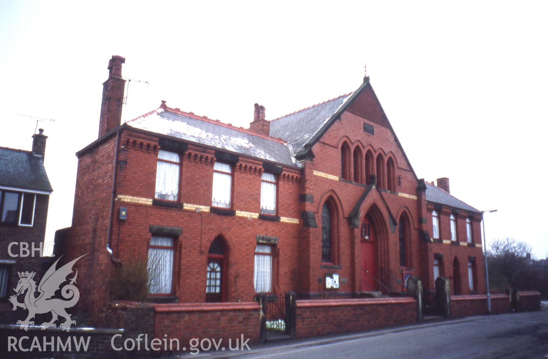 Main north-west front of chapel, flankd by caretakers & minister's houses.