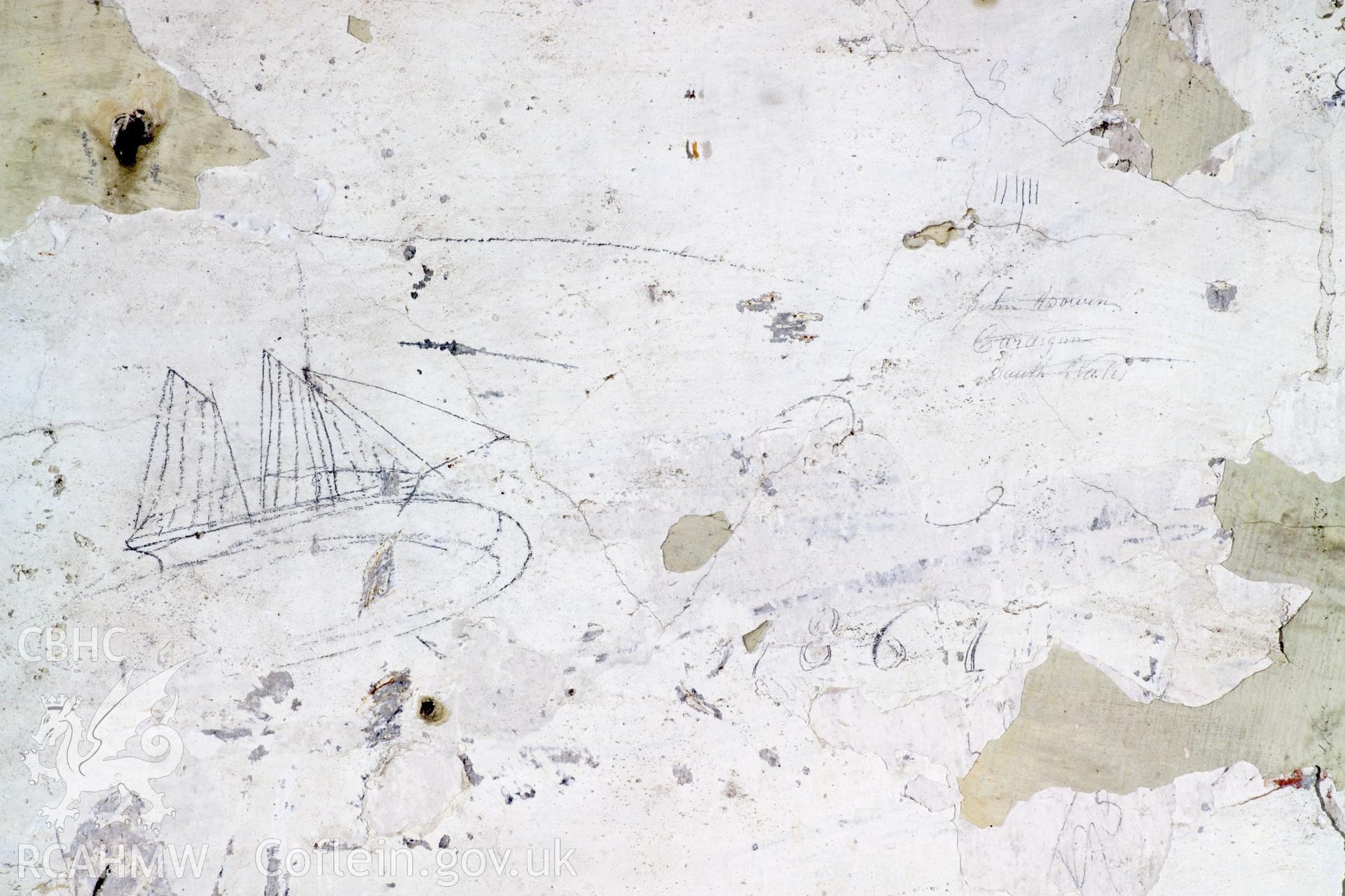 South wall, centre panel. Detail of graffitti.