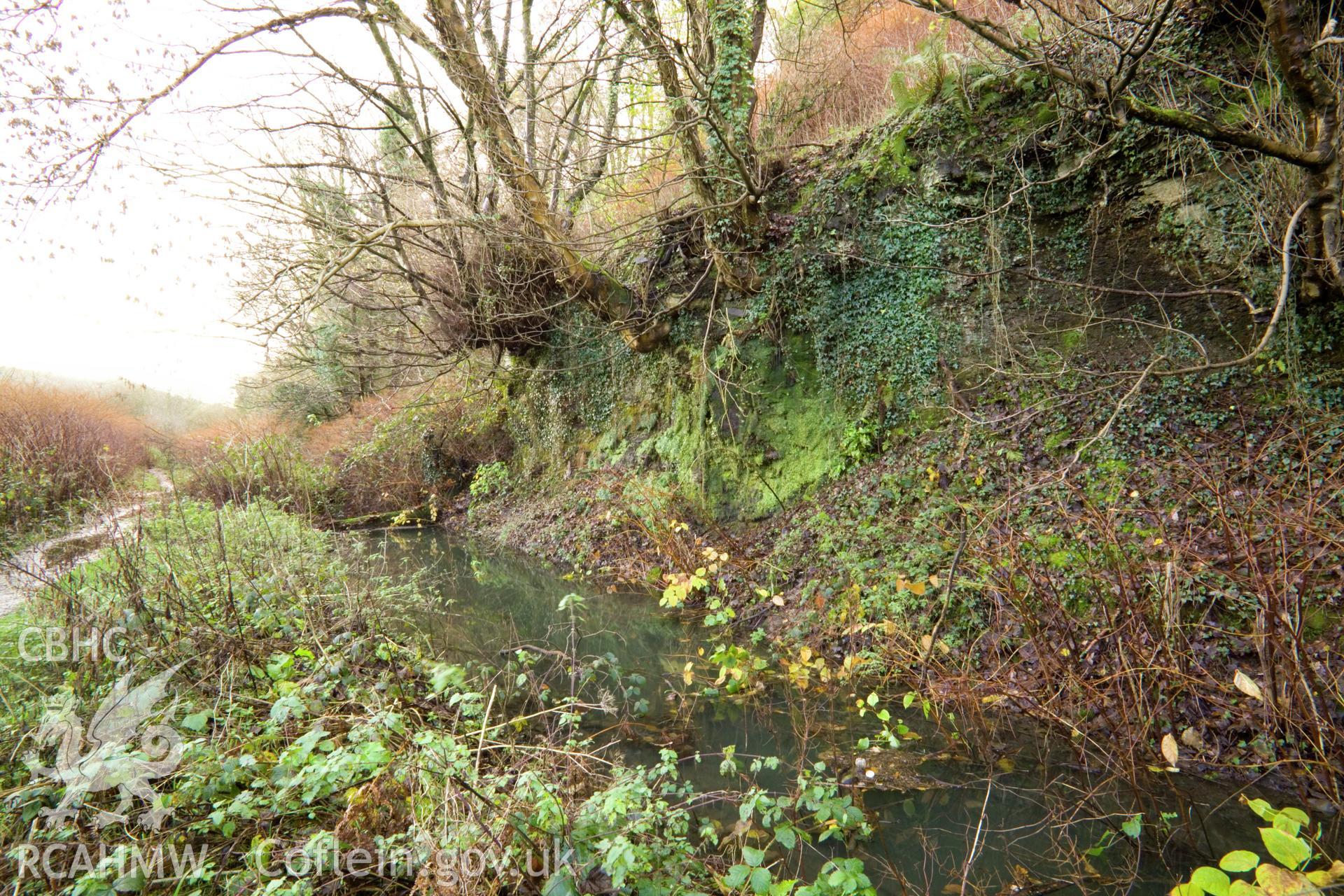 Rock cutting, canal and towpath, looking south.