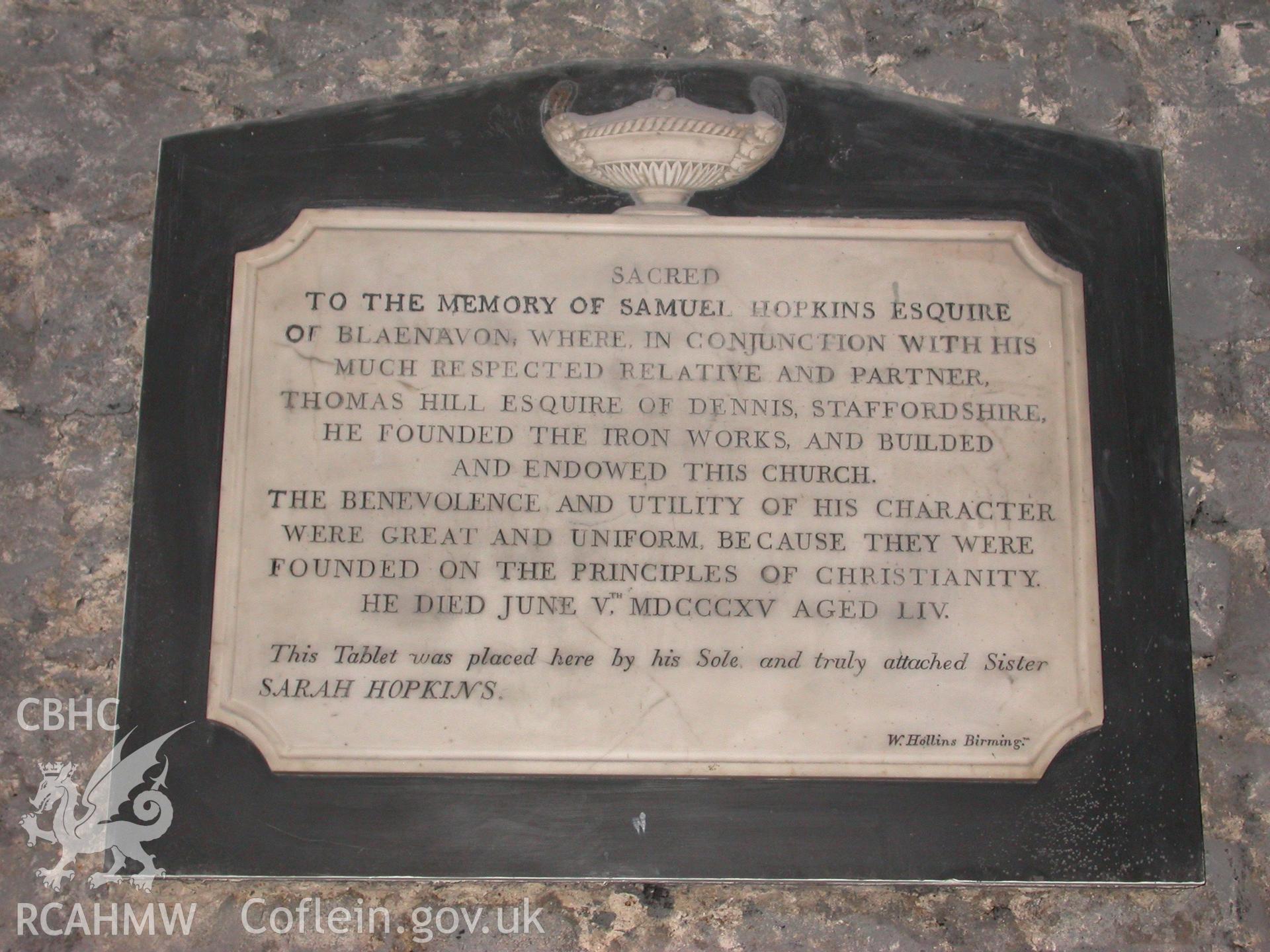 Bronze plaque to ironmaster Samuel Hopkins on lowered tomb-chest with inscription to 'Sarah Bissel' on top.