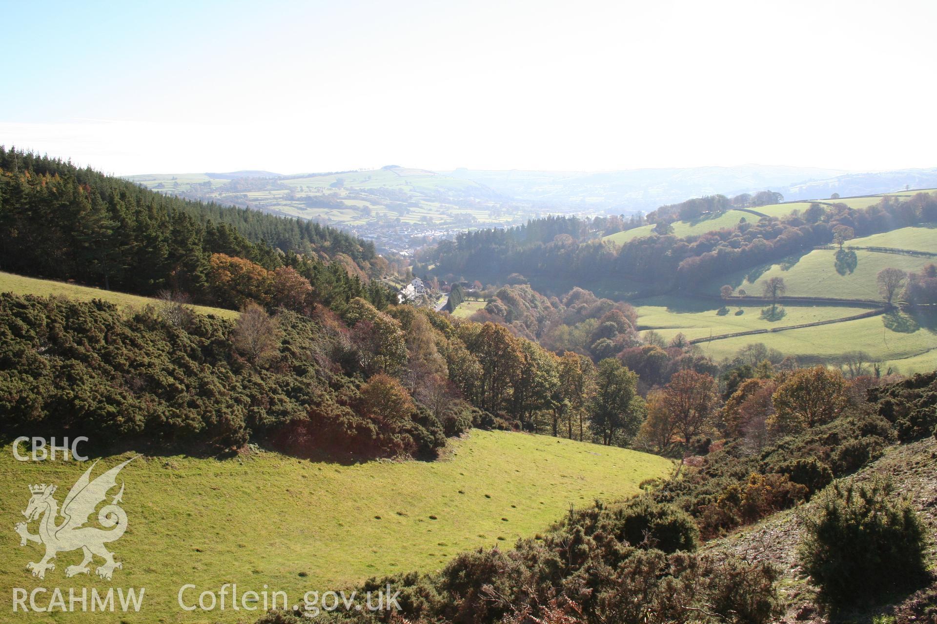Pen'r-allt hillfort: general view looking south-east from hillfort, towards Llanidloes