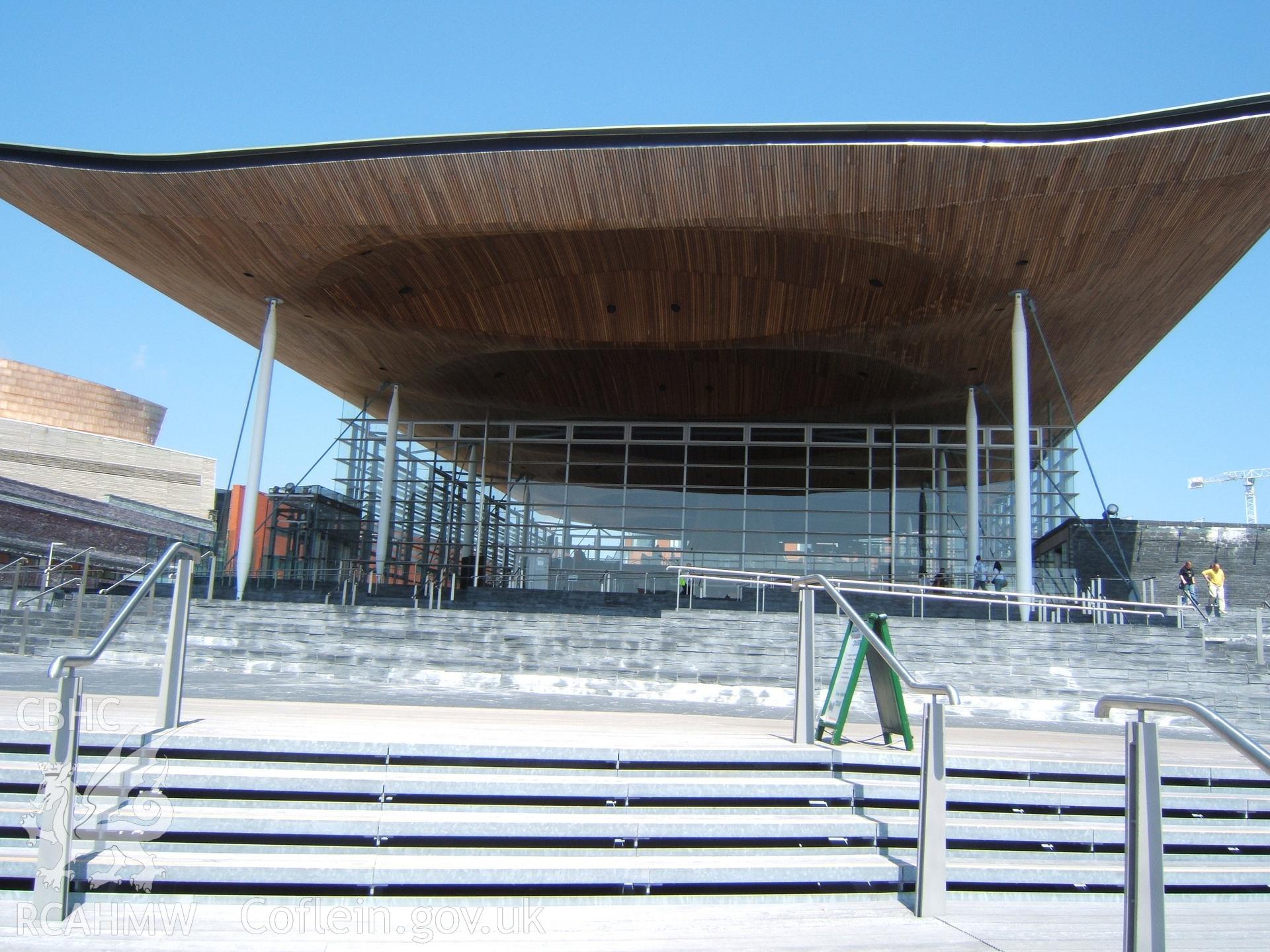 Upper front steps of Senedd and portico from the south-west.
