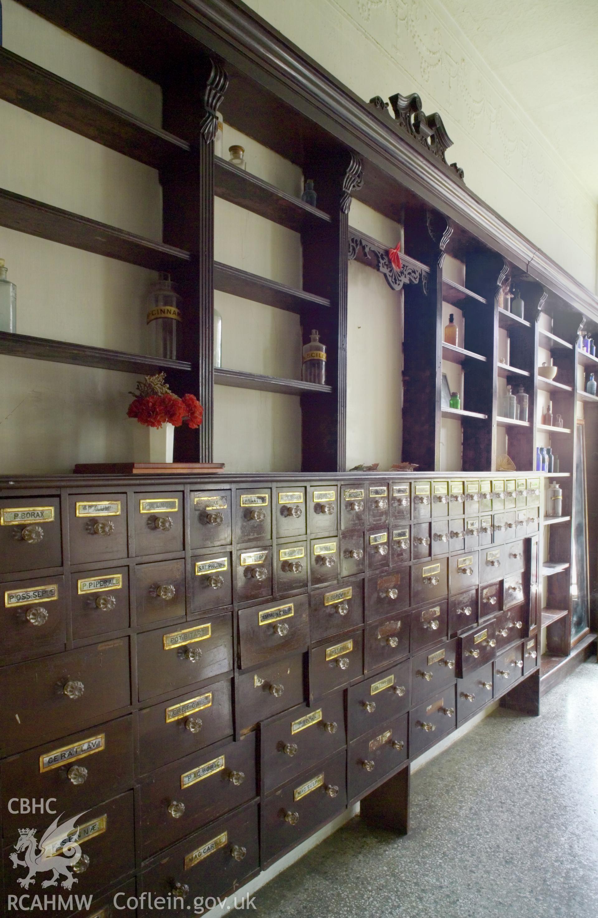 Oblique view interior medicine storage display.