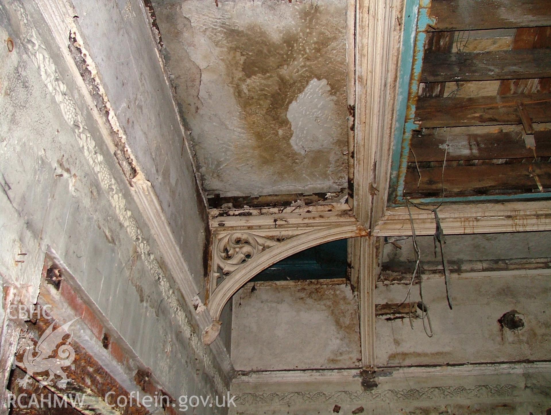 Detail of the ceiling of the ground floor hall of Malpas Courth, looking north-east.