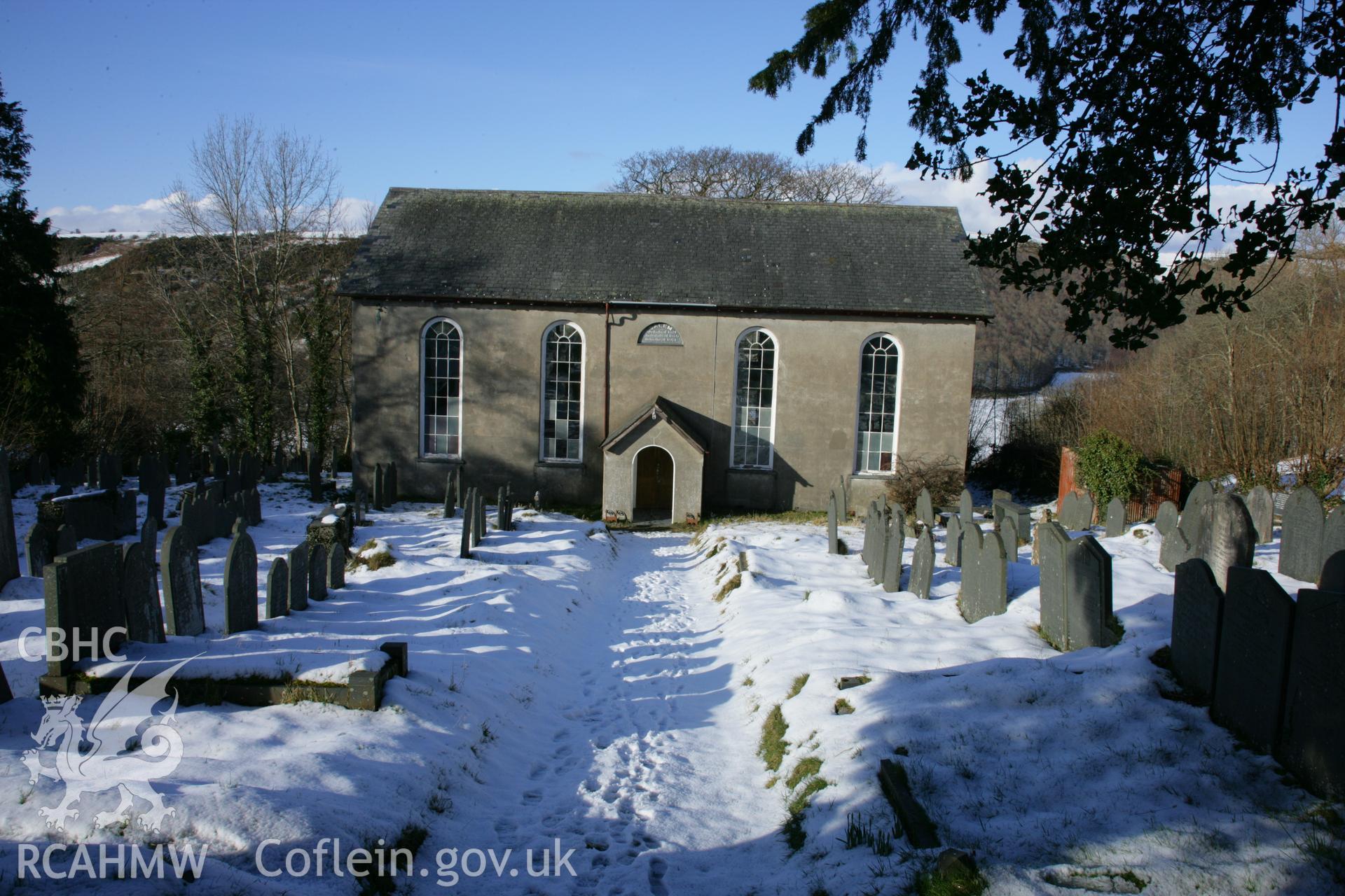 Salem Chapel, from south under snow, close view.