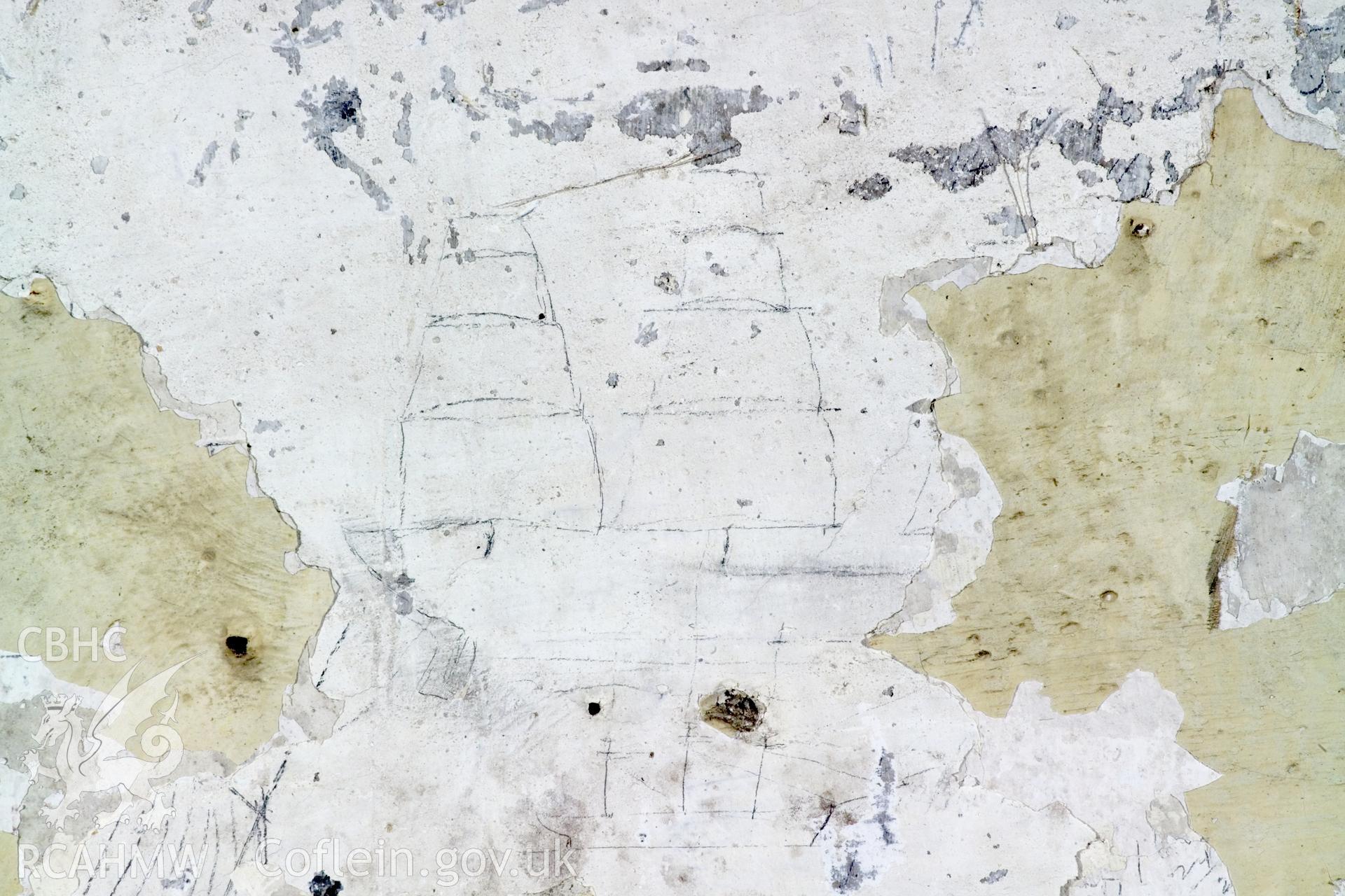 South wall, centre panel. Detail of graffitti.