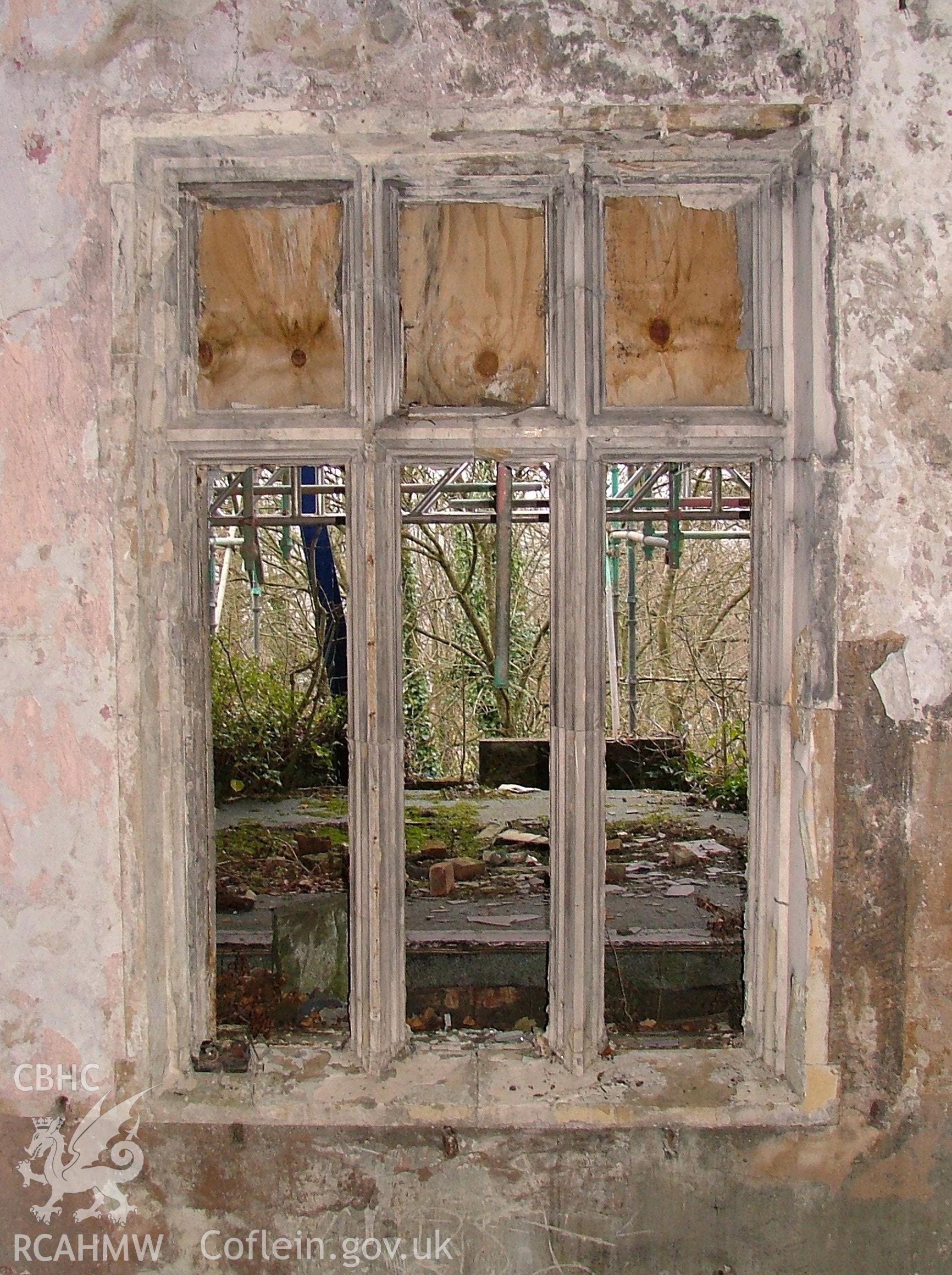 Detail of mullioned stair window at Malpas Court, looking south-west.
