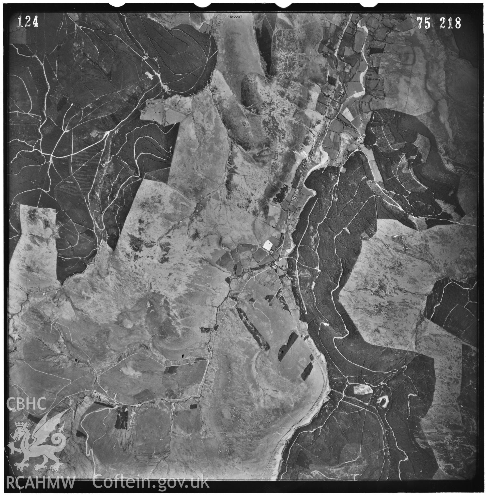 Digitized copy of an aerial photograph showing the Plynlimon area, taken by Ordnance Survey, 1975.