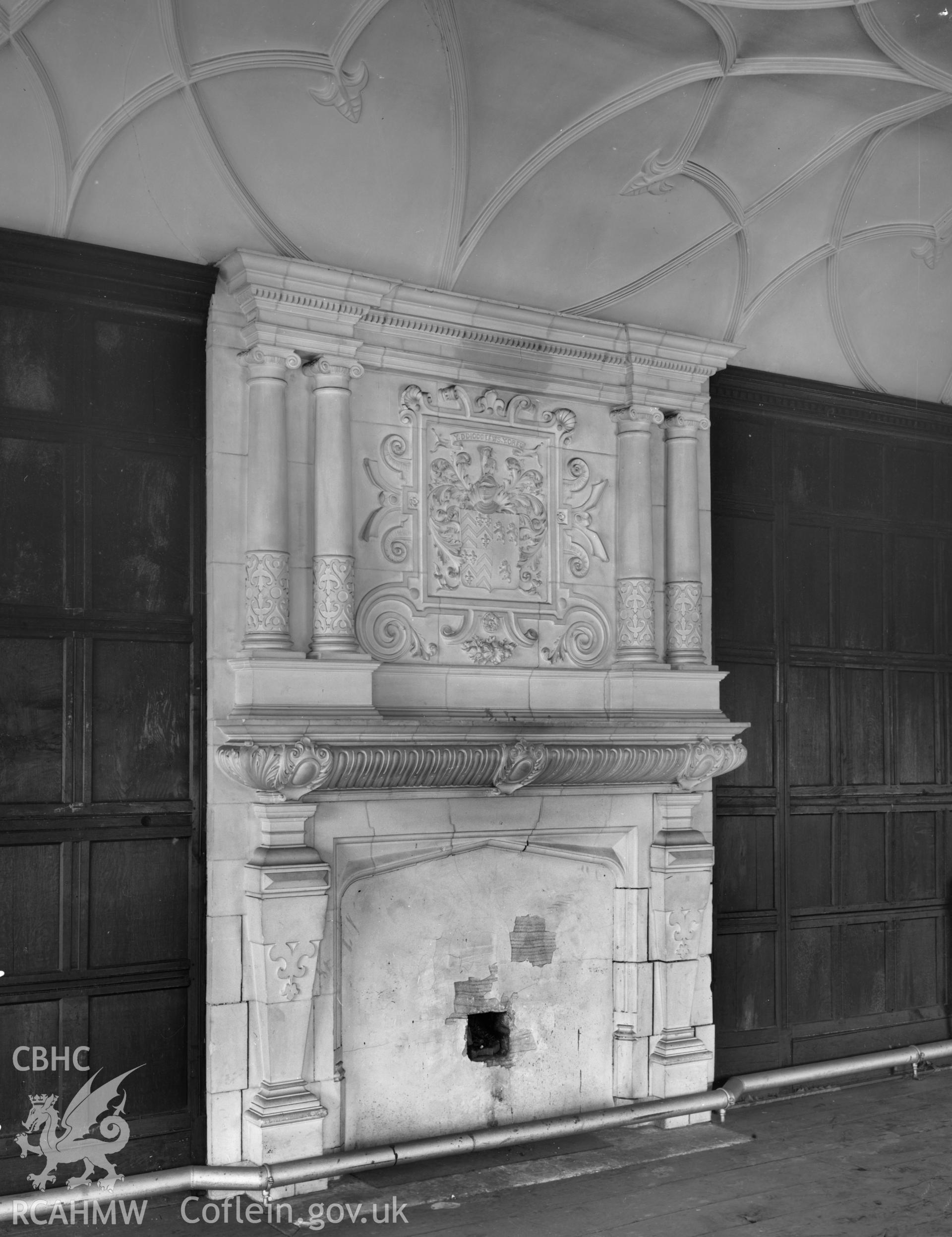 Interior view of Aberpergwm House showing fireplace and coat of arms, taken 13.08.65.
