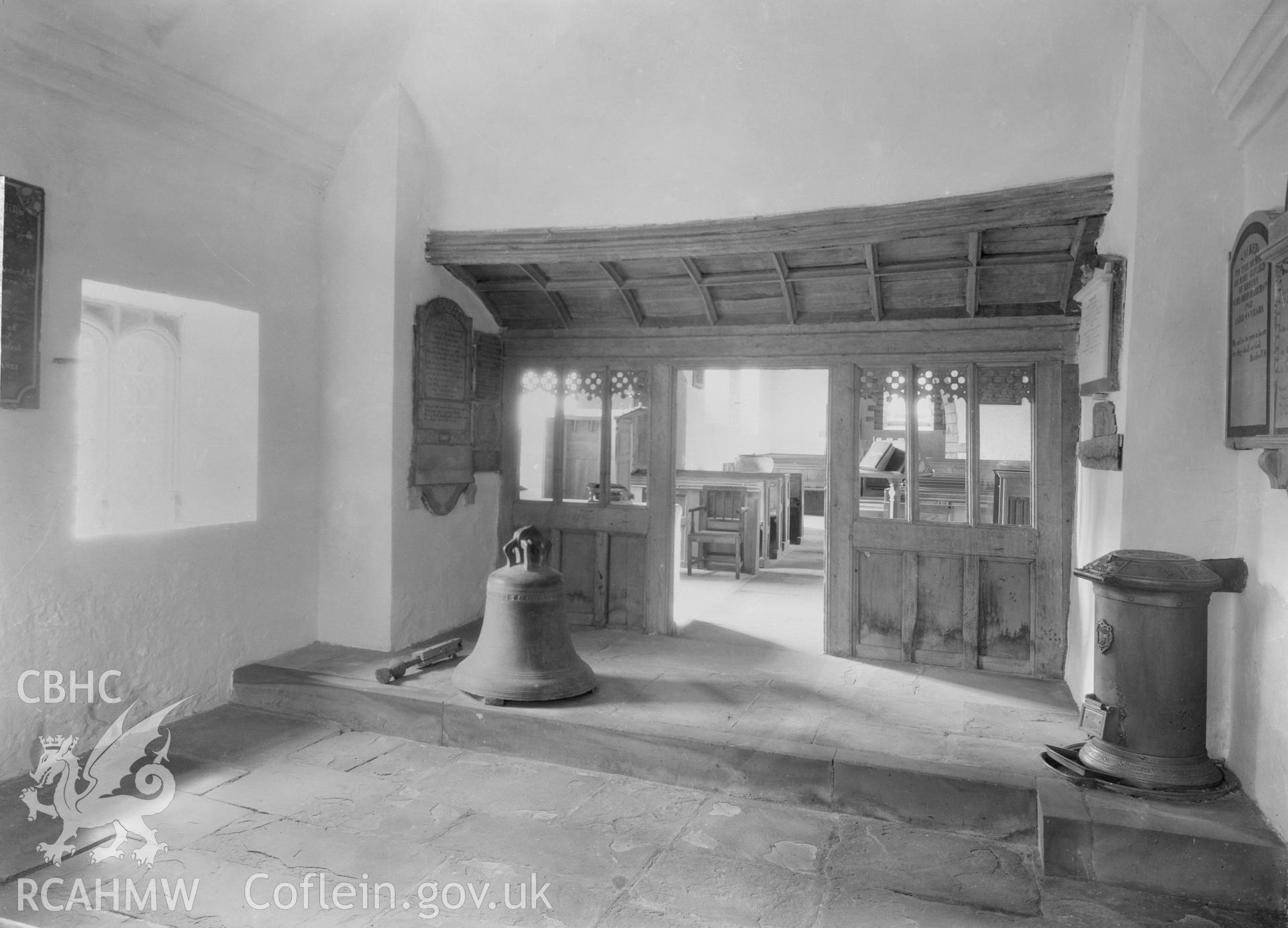 Interior view of St Llanvillo Church showing screen before restoration,  taken by W A Call circa 1920.