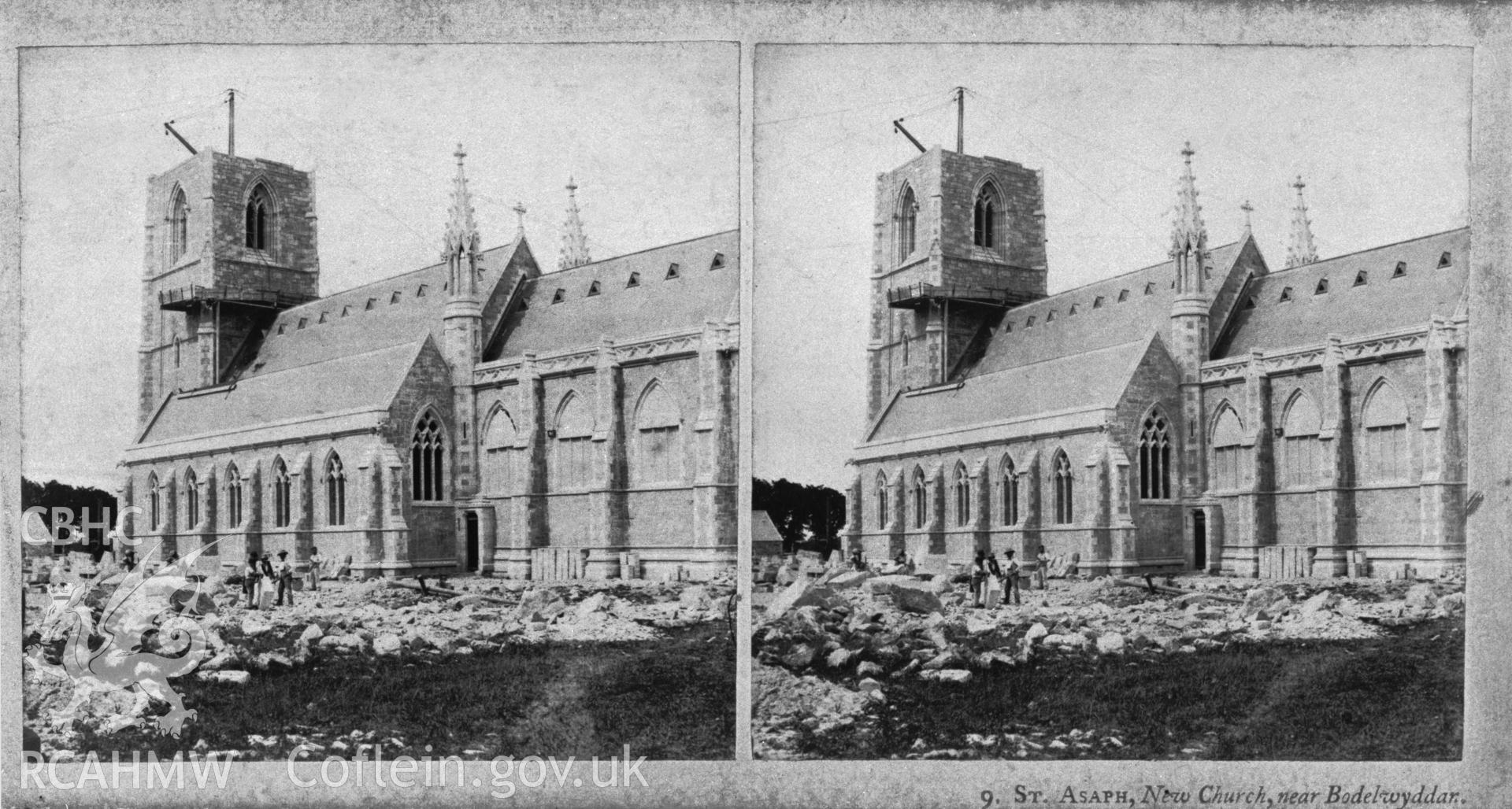 Black and white photograph showing St Margaret's Church, Bodelwyddan, under constuction, copied from an original stereoscopic print in the possession of Thomas Lloyd. Negative held.