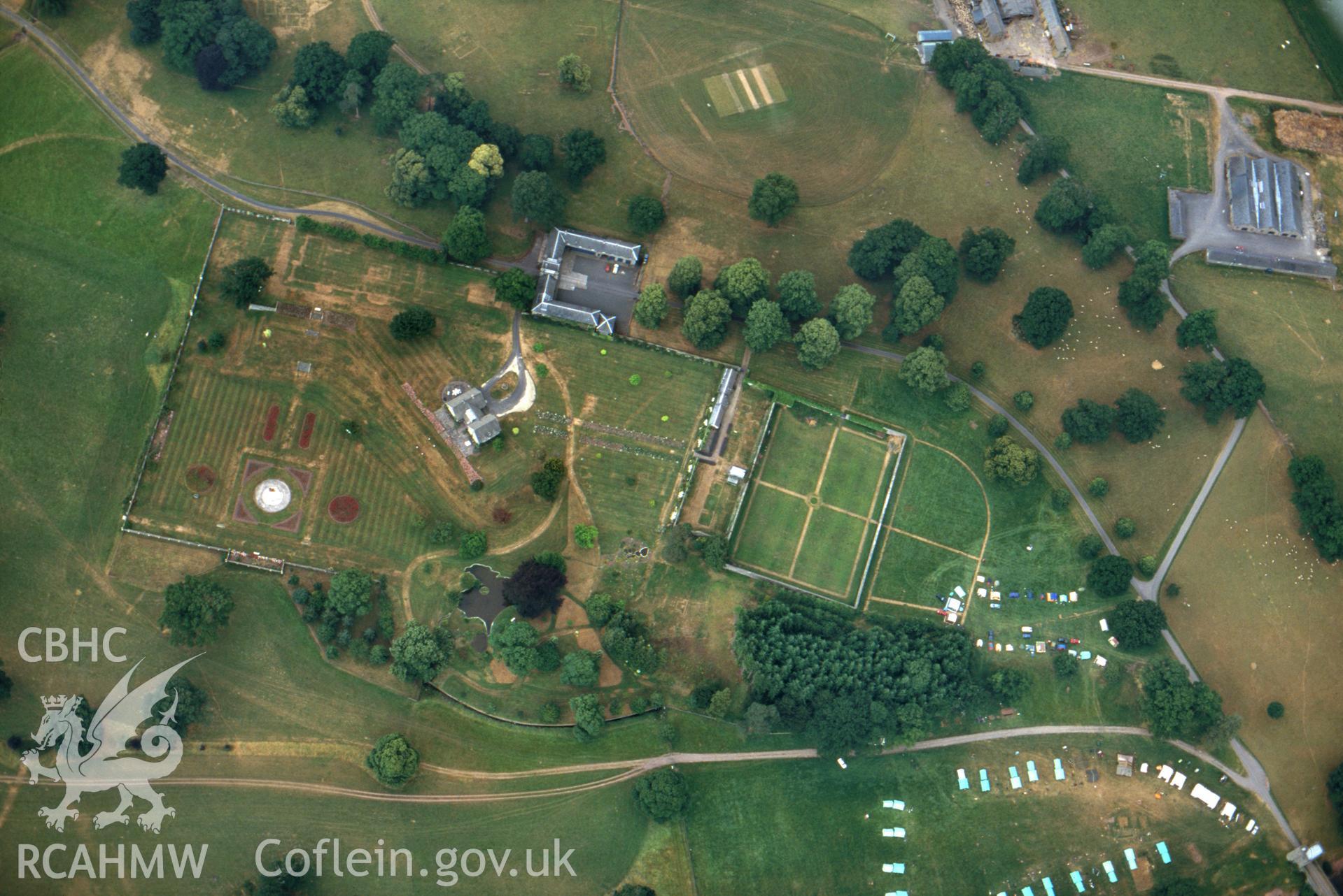 RCAHMW colour slide oblique aerial photograph of park and gardens at Glanusk, Llangattock, taken by C.R.Musson on the 24/07/1996